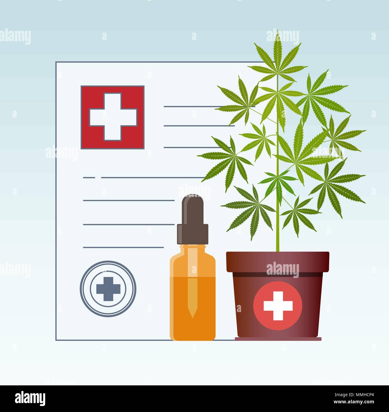 Marihuana Pflanze und dropper mit CBD Öl. Cannabis Öl. Medizinisches Marihuana im Gesundheitswesen ein Rezept für medizinisches Marihuana. Öl Flasche mock up. Cert Stock Vektor