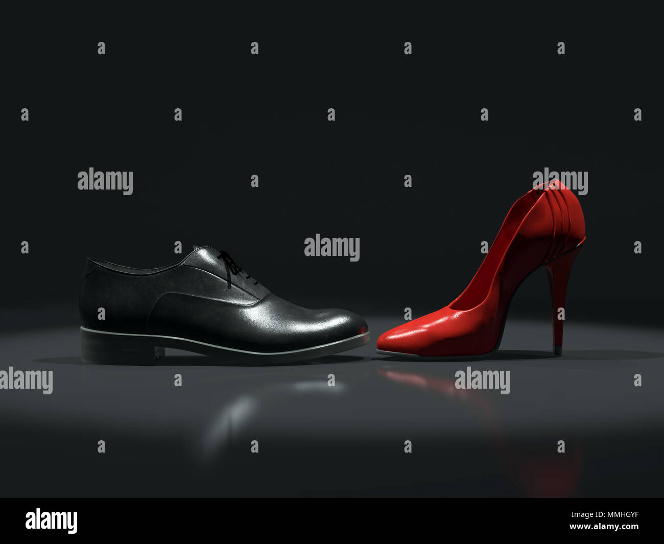 3D-Render aus schwarzem Leder männlichen und weiblichen roten High-Hilled Schuh einander gegenüber auf schwarzem Hintergrund Stockfoto