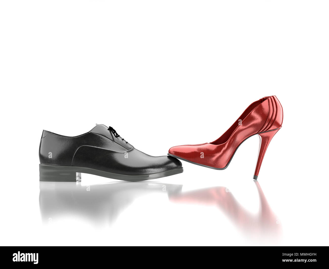 3D-Render der weiblichen roten High-Hilled Schuh drücken gegen Schwarz Leder Männer Schuh als weiblich über männliche Herrschaft Konzept - auf aber abgesehen davon Hintergrund Stockfoto