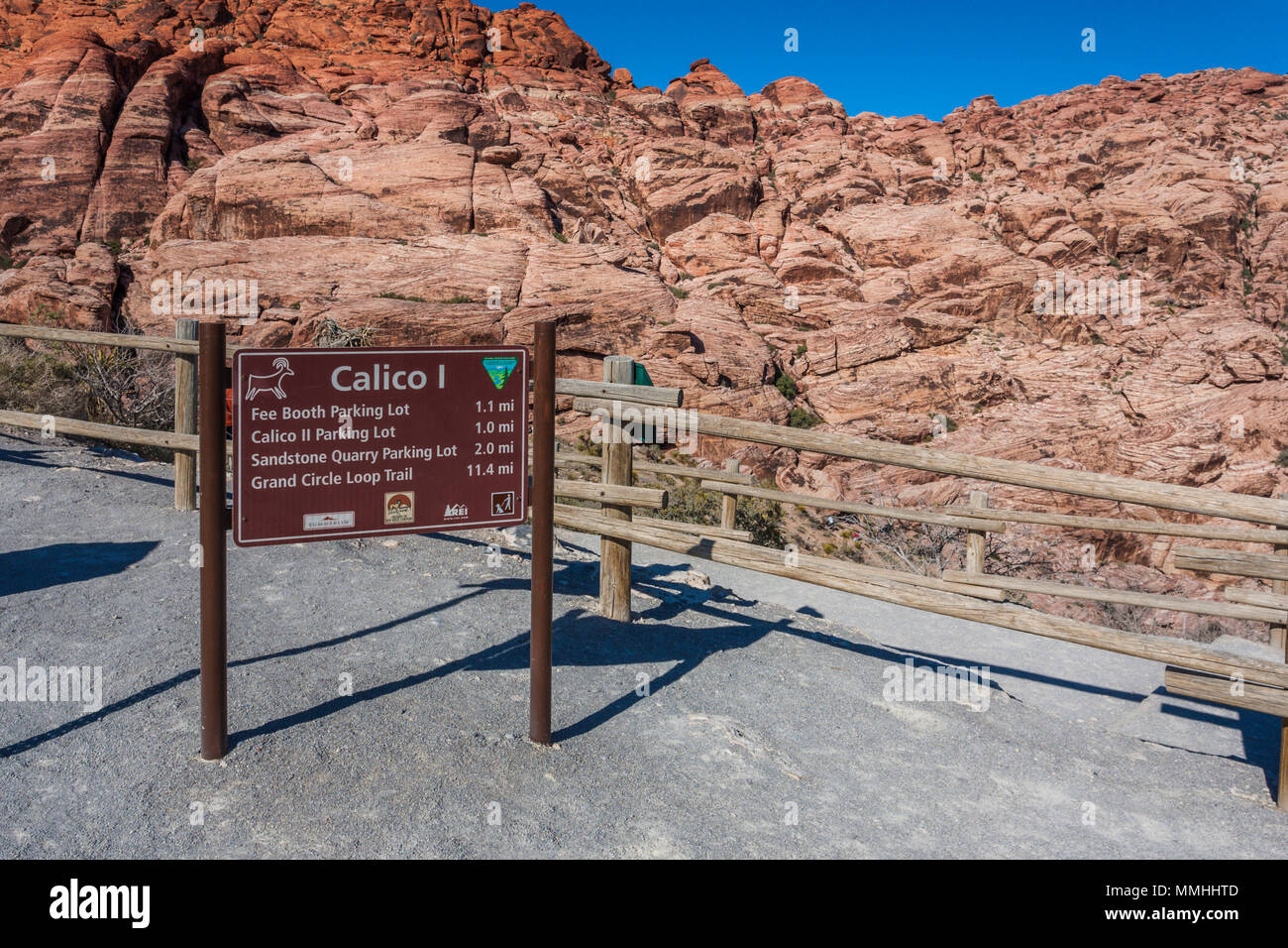 Tafel, die Entfernungen für die calico 1 Trail im Red Rock Canyon National Conservation Area außerhalb von Las Vegas, Nevada Stockfoto