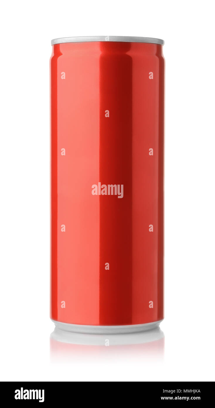 Vorderansicht der Getränkedose aus Aluminium Rot auf Weiß isoliert Stockfoto