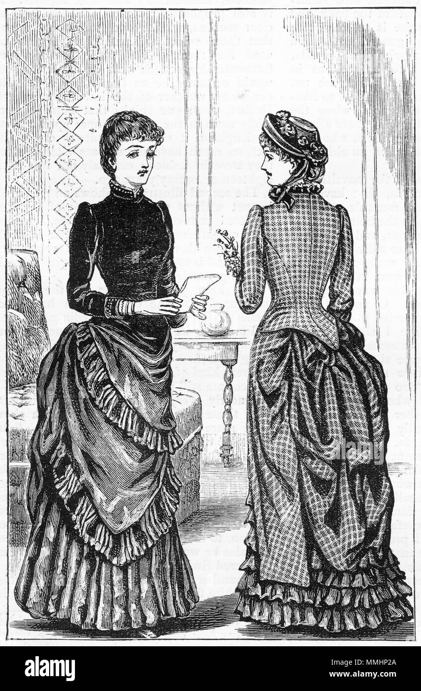 Gravur von zwei jungen Frauen in der modischen Kleidung des Viktorianischen Zeitalters. Von einem ursprünglichen Gravur in eigenen Papier Magazin der Mädchen 1883. Stockfoto