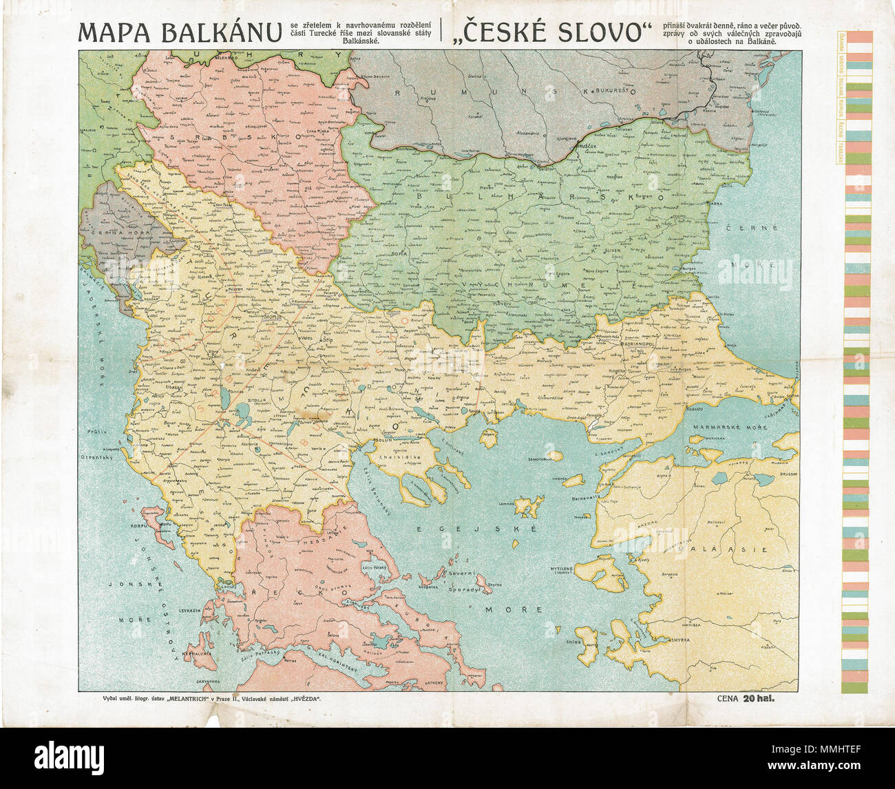 . Ελληνικά: Χάρτης των βαλκανικών επιχειρήσεων κατά την διάρκεια Βαλκανικού Πολέμου του Α'. Ο χάρτης δείχνει τα χαμένα εδάφη της Οθωμανικής Αυτοκρατορίας που στο προσαρτήθηκαν Μαυροβούνιο, Την την Βουλγαρία Σερβία bδder. Οι περιγραφές είναι γραμμένες στην τσεχική γλώσσα. . 1912/1913. ????????? ? Eské slowo 69 Balkan Krieg Theater Stockfoto