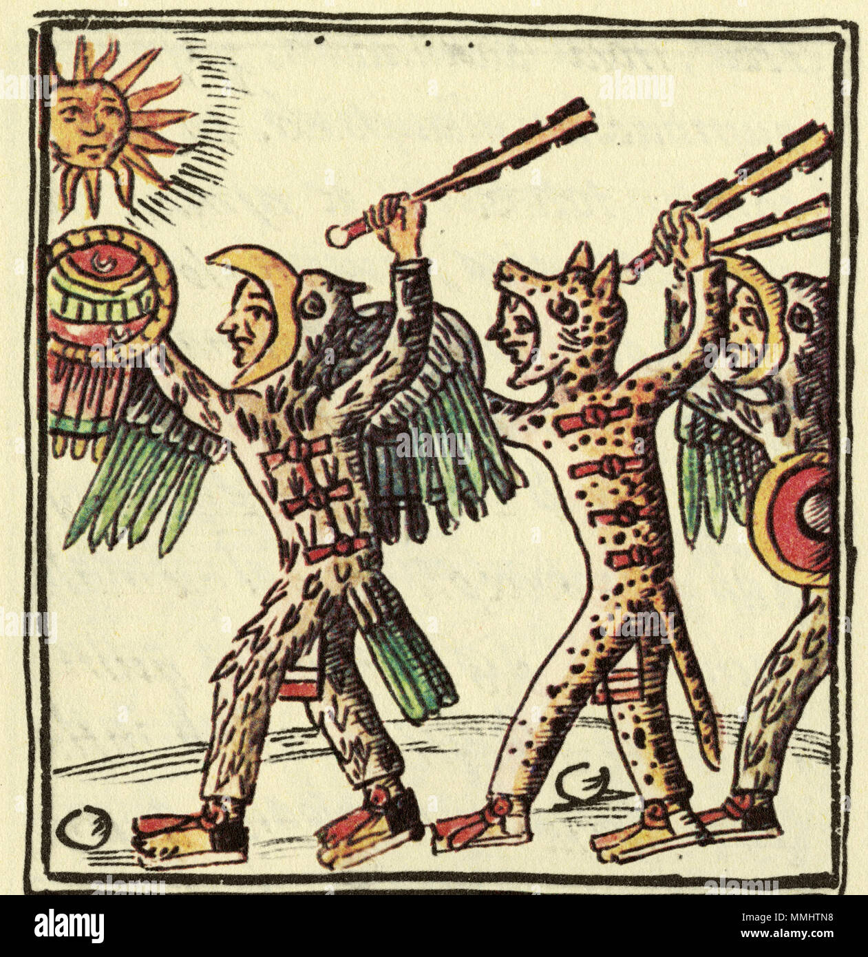 . Englisch: aztekischen Krieger (Eagle Krieger an der linken und Jaguar Krieger an der rechten Seite) mit einem macuahuitl (eine hölzerne Verein mit scharfen Obsidian klingen). . Field Museum Bibliothek 66 aztekischen Krieger (Florentiner Codex) Stockfoto