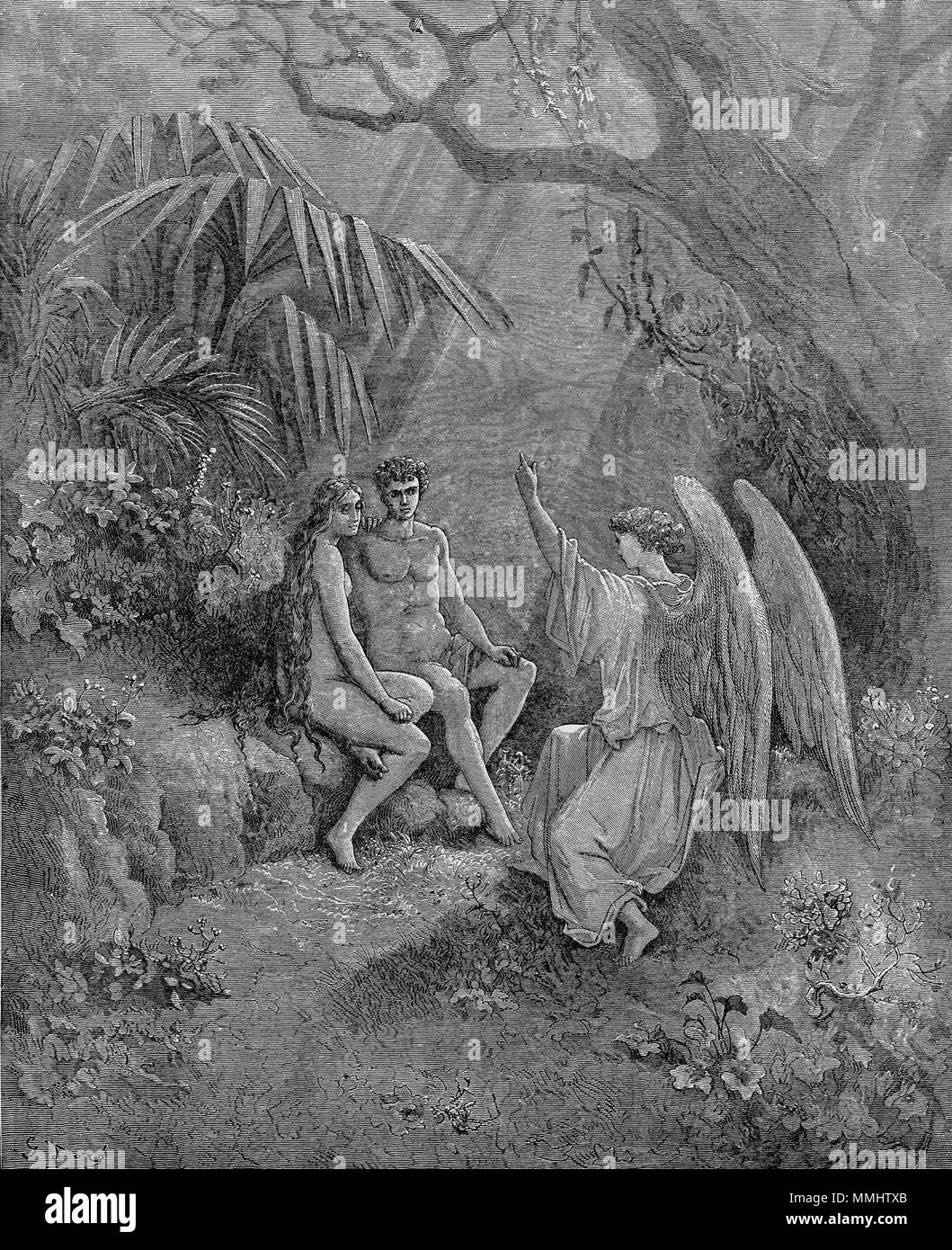 . Abbildung für John Milton's "Paradise Lost" Gustave Doré, Illustration für John Milton's "Paradise Lost", 1866. Raphael spricht zu Adam und Eva (Buch 5 Zeile 468). 1866. 5-468, denen die geflügelten Hierarchen antwortete Stockfoto
