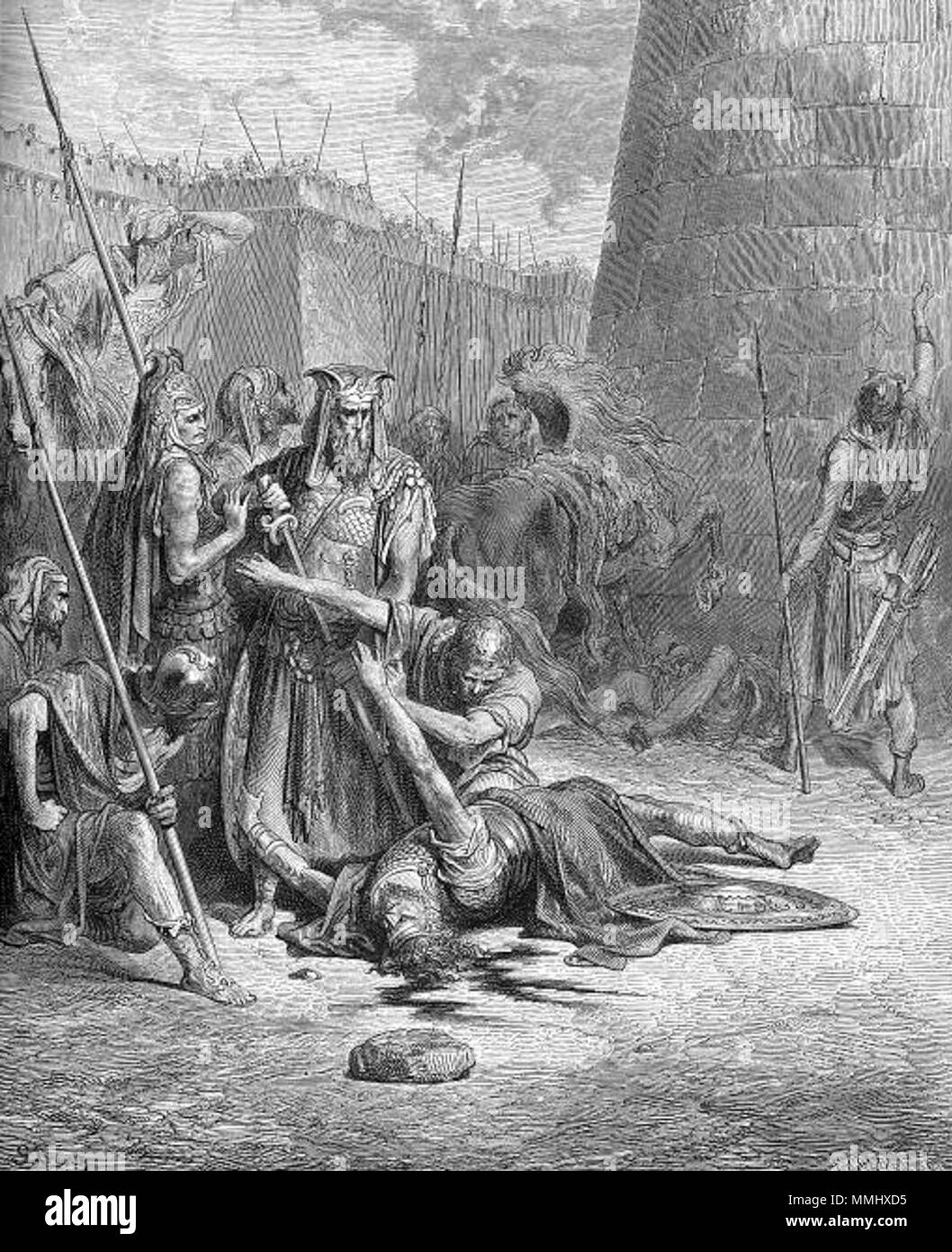 . Englisch: Der Tod von Abimelech (Jud. 9:50-56) Richter 9:52-53 So Da kam Abimelech zum Turm und stritt dawider und näherte sich dem Eingang des Turms, daß er ihn mit Feuer verbrannte. Aber ein Weib warf einen Mühlstein Abimelech auf den Kopf und drückte seinen Schädel Русский: Смерть Авимелеха (Суд. 9:50-56) Englisch: Tod von Abimelech. 1866. Dore DeathOfAbimelech, 02. Stockfoto