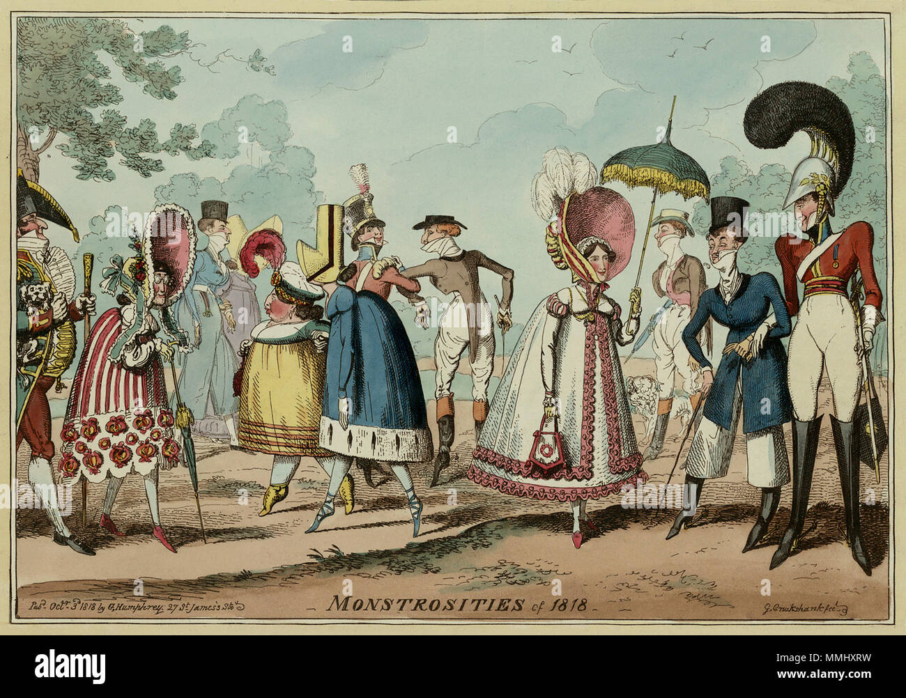 . Englisch: "onstrosities von 1818", den 3. Oktober 1818 Karikatur von George Cruikshank übertreiben die neuesten Trends in der Britischen Mode. Für Frauen, das war ein Trend zu einer konische Silhouette (im Gegensatz zu den schmalen festhalten Röcke der Ca. Zeitraum 1797-1815) mit stark kontrastierenden Dekoration am unteren Saum, und große Motorhauben - und für Männer, extrem hohen Krawatte am Hals, schmale Schwänze der Frack, und das Tragen von männlichen Korsetts (?). Von einer alten Karikaturisten 'Trick, der Frauen Röcke werden kürzer, als sie im realen Leben gewesen wäre. Die Männer voll zu Fuß arm - Stockfoto