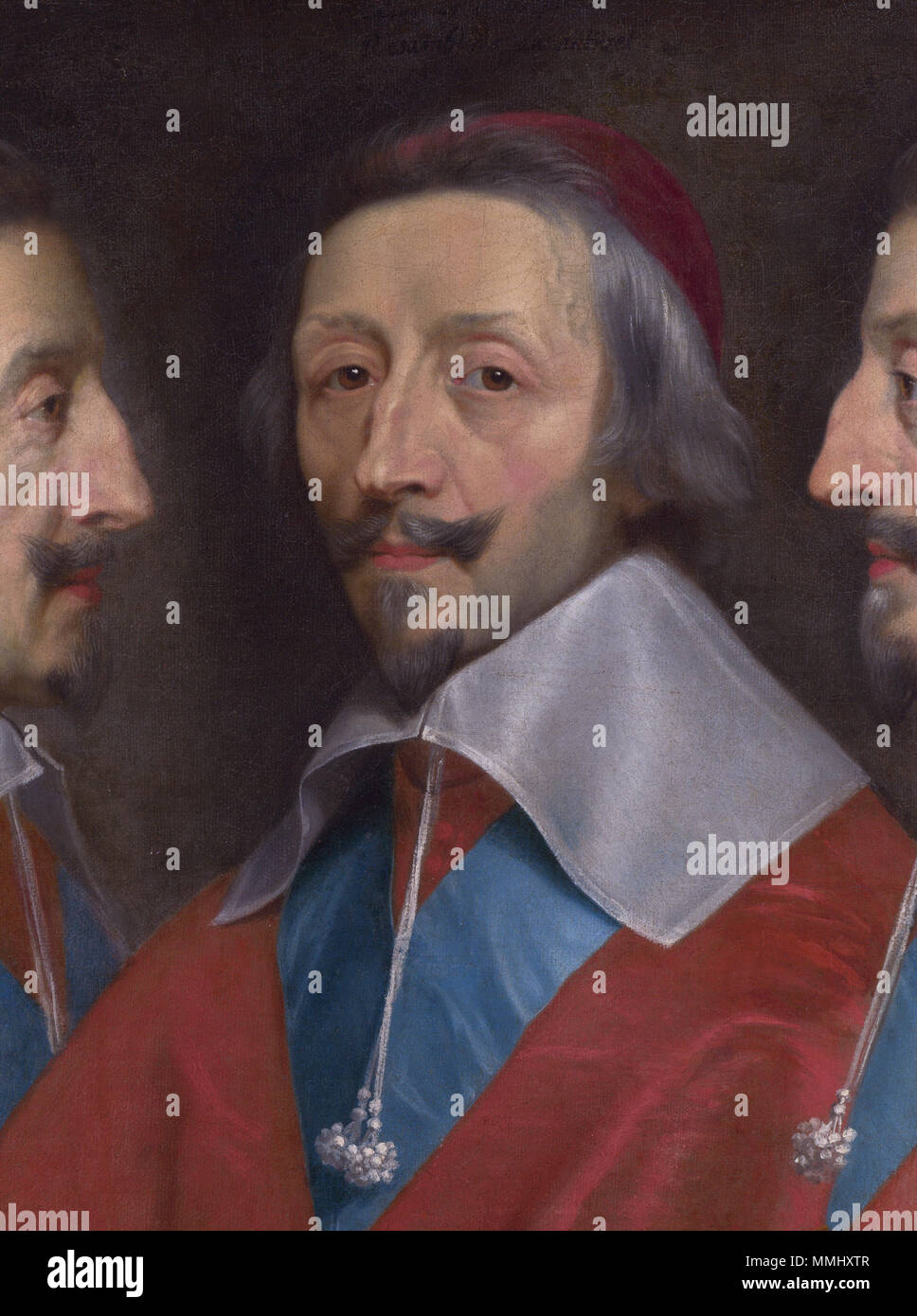 . Armand-Jean du Plessis, Duc und Kardinal de Richelieu (1585-1642), mit der Bestellung von Saint-Esprit. Er wurde ein Kardinal im Jahr 1622 und dem Ministerpräsidenten von Frankreich. Triple Portrait von Cardinal de Richelieu. ca. 1642. Triple Portrait von Cardinal de Richelieu wahrscheinlich 1642, Philippe de Champaigne (Detail) Stockfoto