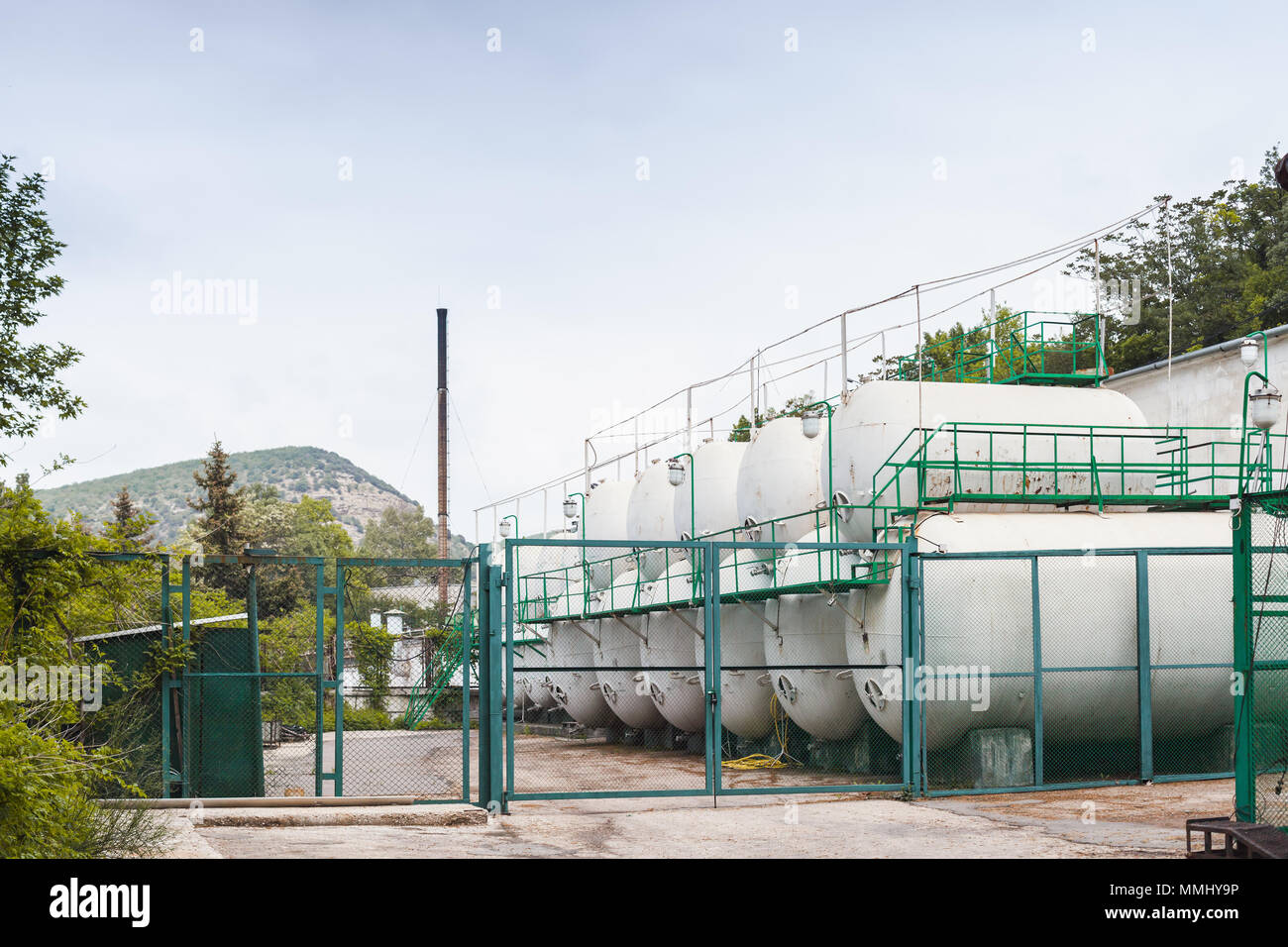 Weiß Stahltank hinter grünen Zaun, moderne Wein Betriebseinrichtungen Stockfoto