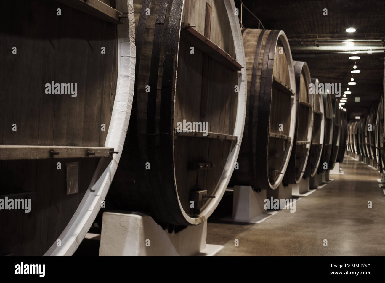 Große vintage Holzfässer im Weingut Keller, schließen Foto mit selektiven Fokus Stockfoto