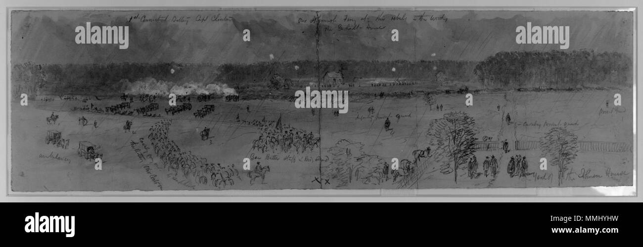 . Das obere Bild bezeichnet: 1 Connecticut Batterie Kapitän Clinton. Unsere Skirmish feuern auf die Rebellen in den Wäldern. Die Gerhadt Haus. Auf der Rückseite beschriftet: Blick auf die Aktion am Donnerstag, 27. Aus dem Johnson Haus mit Blick über die Darby Stadt, Straße am 10 Korps vor. Gen. Butler Personal & Body Guard reiten zum Haus. regnet Hart. Mehr Skizzen morgen. Im folgenden Bild als Indikatoren: Krankenwagen; Kavallerie, zur Unterstützung der Batterie (Mäntel); Gen Butler Personal & Body Guard; Darby Stadt Straße; Infanterie provost Guard; Kavallerie provost Guard; provost Guard; Hof des Johnson Hou eingeschrieben Stockfoto