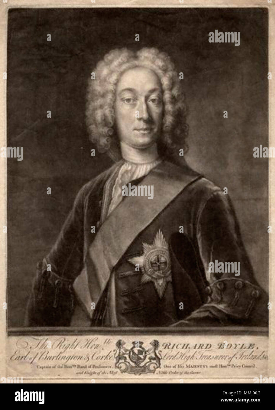 . Englisch: Porträt von Richard Boyle, 3rd Earl of Burlington (1694-1753) nach Unbekannter Künstler, Drucken, Mitte des 18. Jahrhunderts 3 rdEarlOfBurlingtonMezzotint Stockfoto