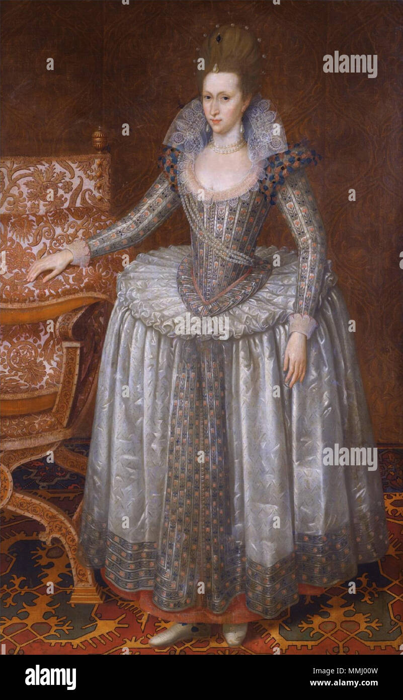 Englisch: Anna von Dänemark (1574-1619), ein weißes Kleid mit farthingale  und Pearl Flügel. ca. 1605. Anna von Dänemark von John de Critz der Ältere  Stockfotografie - Alamy