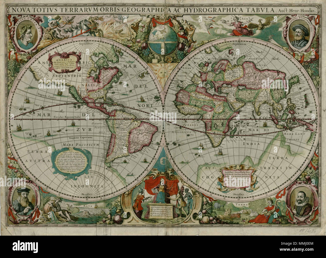 . 1630 Nova totius terrarum Orbis geographica Karte von Hendrik Hondius. Relief bildlich dargestellt; Karte im dekorativen Rand, mit Porträts von Julius Caesar, Ptolomey, Gerhard Mercator und Jodocus Hondius und Tafeln mit der Darstellung der 4 Elemente (Erde, Luft, Feuer, Wasser). . 1630. Hendrik Hondius 1630 MapDarlingtonCollection Pitt Stockfoto