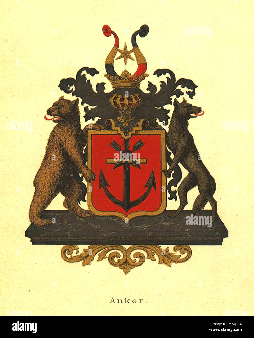 . Englisch: Arme des Norwegischen Anker Familie von Patent des Adels 1778 gewährt. Abbildung aus dem Anker, C.J.: Stamtavle über Familien Anker, Kristiania, 1889. Norsk Bokmål: Våpen für den norske slekt Anker, adlet ved Patent av 14. April 1778. Illustrasjon fra Anker, C.J.: Stamtavle über Familien Anker, Kristiania, 1889. . 1889. Th. Bergh's L.I. 47 Anker Arme Stockfoto