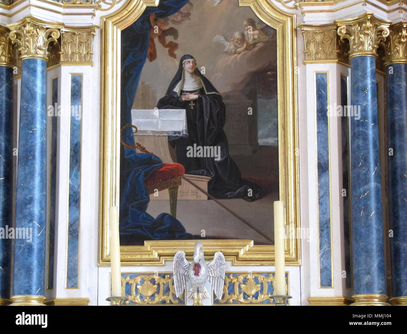 . Français: Elsass, Bas-Rhin, Église abbatiale Saint-Maurice d'Ebersmunster (PA 00124485 00084701, IA). Autel de Sainte-Scholastique (1781): Tableau'S 'Sainte-Scholastique" (Franz Joseph Stöber, huile sur toile, 158 x 90, 1781). Dieses Objekt ist classé Monument Historique in der Basis Palissy, Datenbank der Französische Möbel Erbe des französischen Ministeriums für Kultur, unter den Referenzen PM 67007539 und 67000063, IM, IM, 67007589. Brezhoneg | Deutsch | English | Español | English | Deutsch | Français | Magyar | Italiano | Plattdüütsch | Português | +/-. 13. April 2015. © Ralph Hammann - Wikimedia Comm Stockfoto