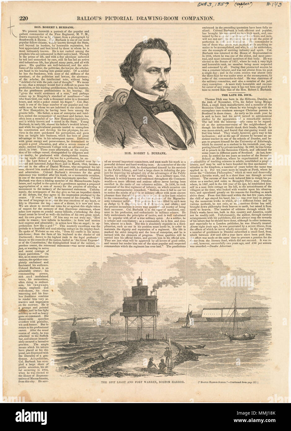 . Englisch: File name: 10 09 000132 Titel: Hon. Robert I. Burbank Creator/Contributor: Homer, Winslow, 1836-1910 (Künstler) Ausgabedatum: 1857-10-03, Physische Beschreibung drucken: 1: holzstich Genre: Holzstiche; periodische Illustrationen Hinweise: Erschienen in: Ballou ist bildhaft, Band XIII, 3. Oktober 1857, S. 220.; untere unterzeichnet Zentrum: Peirce. Sammlung: Winslow Homer Sammlung Ort: Boston Public Library, Drucken Abteilung Rechte: Keine bekannten Einschränkungen Flickr Daten auf 2011-08-11: Kamera: Sinar AG Sinarback 54 FW, Sinar m Tags: Winslow Homer User: Boston Public Library BPL. 23 Marc Stockfoto