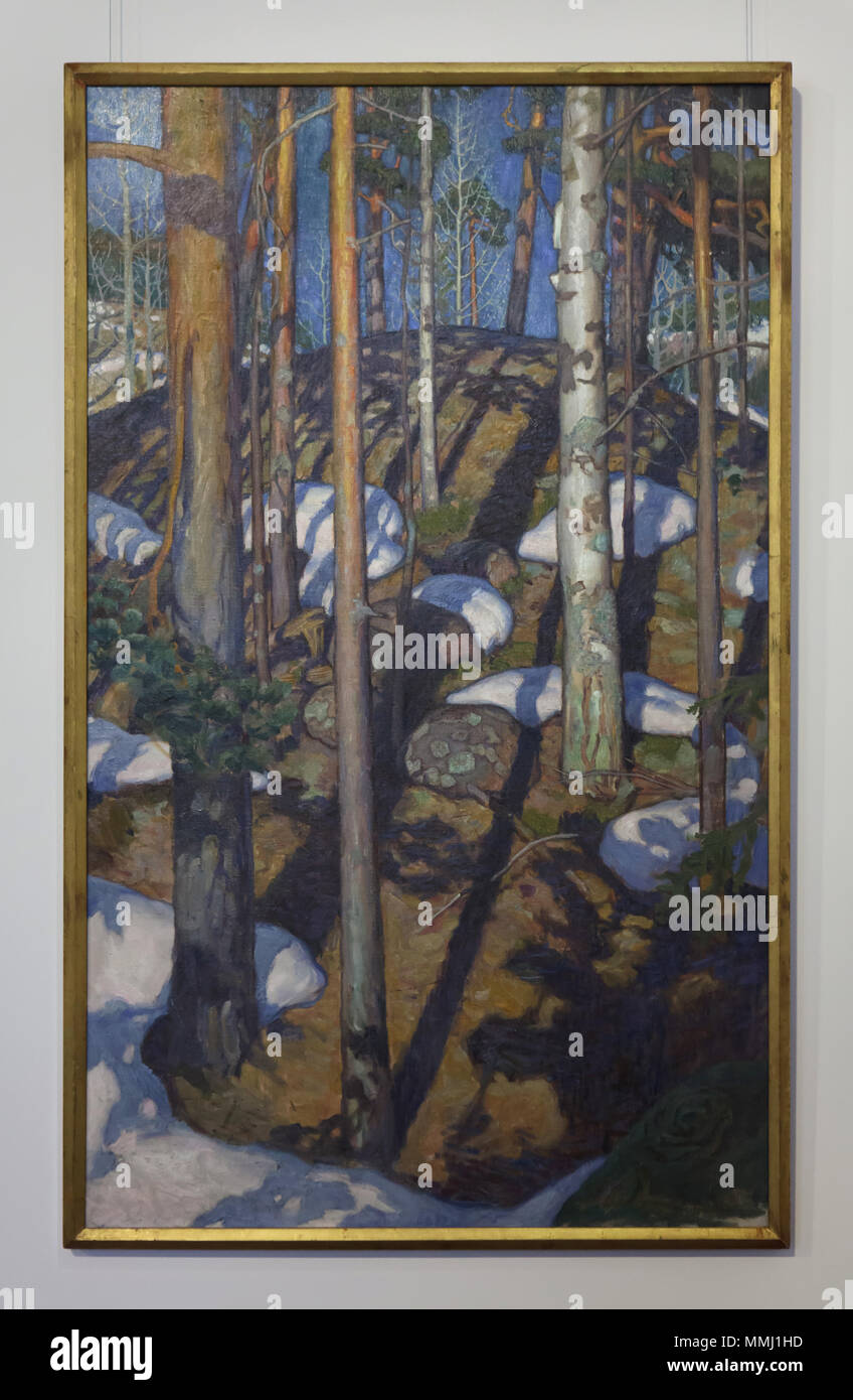 Gemälde "Frühling" (C. 1900) der Finnischen symbolistische Maler Akseli Gallen-Kallela auf Anzeige in der Galerie Belvedere in Wien, Österreich. Stockfoto