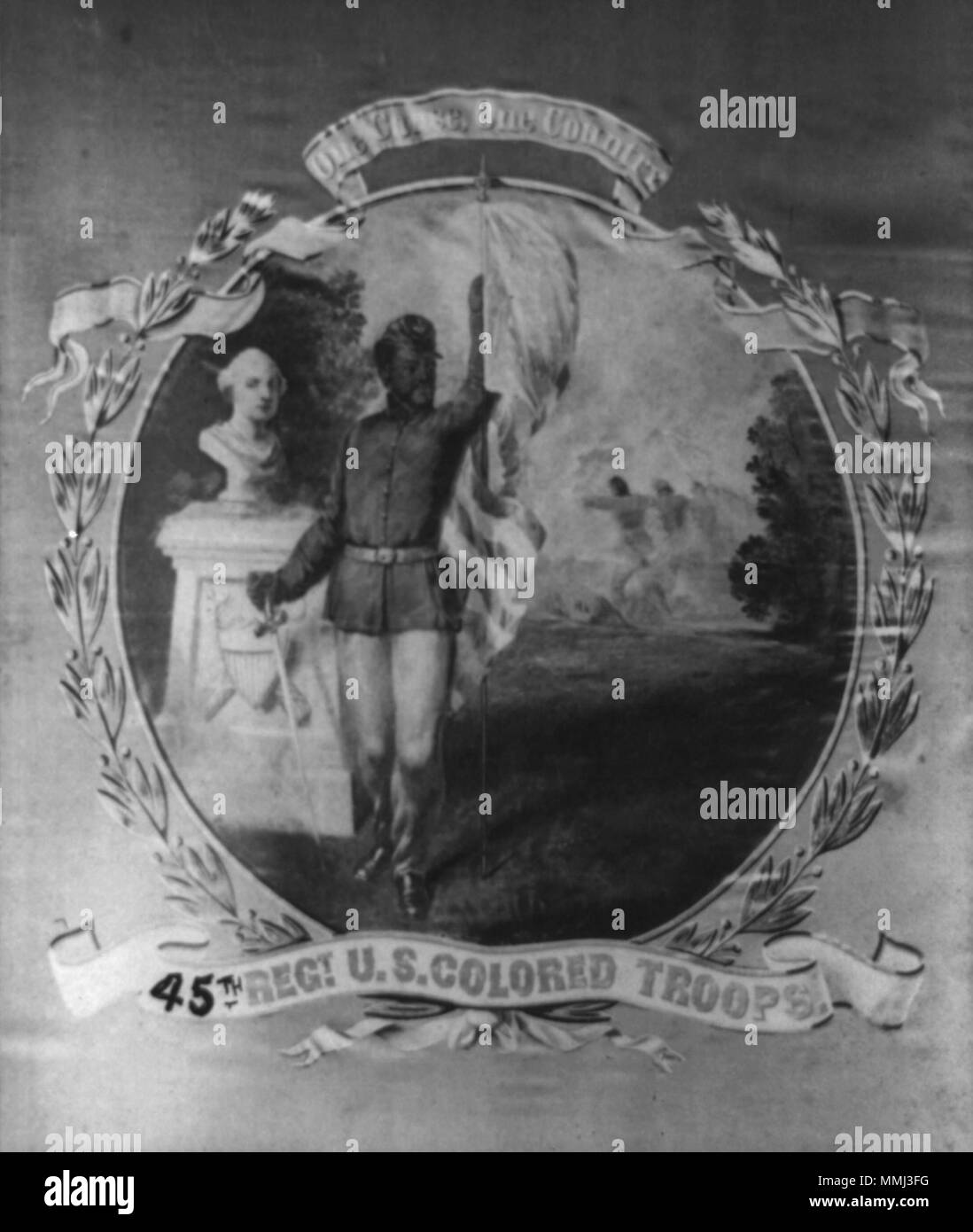 . Englisch: LOC Metadaten Titel: Eine Ursache, ein Land - 45. regt. Us-farbigen Truppen bezogenen Namen: Bowser, David Bustill, 1820-1900, Künstler Datum erstellt/Veröffentlicht: [zwischen 1863 und 1865] Medium: 1 Foto auf carte de visite: Eiweiß. Zusammenfassung: Regimental flag, African American Soldier, Vertreter der 45th United States farbigen Truppen, neben Büste Statue von George Washington. Reproduktion Number: LC-USZ 62-86080 (b&w film Kopieren neg.) Rechte Advisory: Keine bekannten Einschränkungen bei der Veröffentlichung. Rufnummer: LOS 6592, No. 136 VERWENDUNG SURROGAT [P&P] Repository: Lib Stockfoto