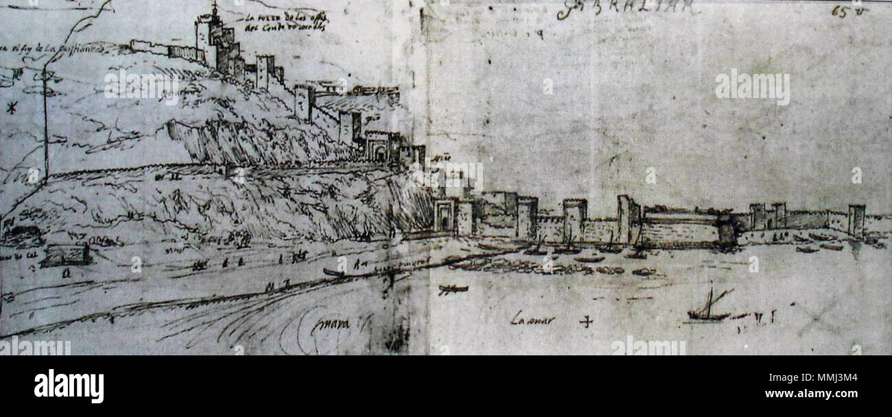 . Northern Ansatz nach Gibraltar, 1567. 1567. Anton van den Wyngaerde Gibraltar nördlichen Ansatz 1567 Stockfoto
