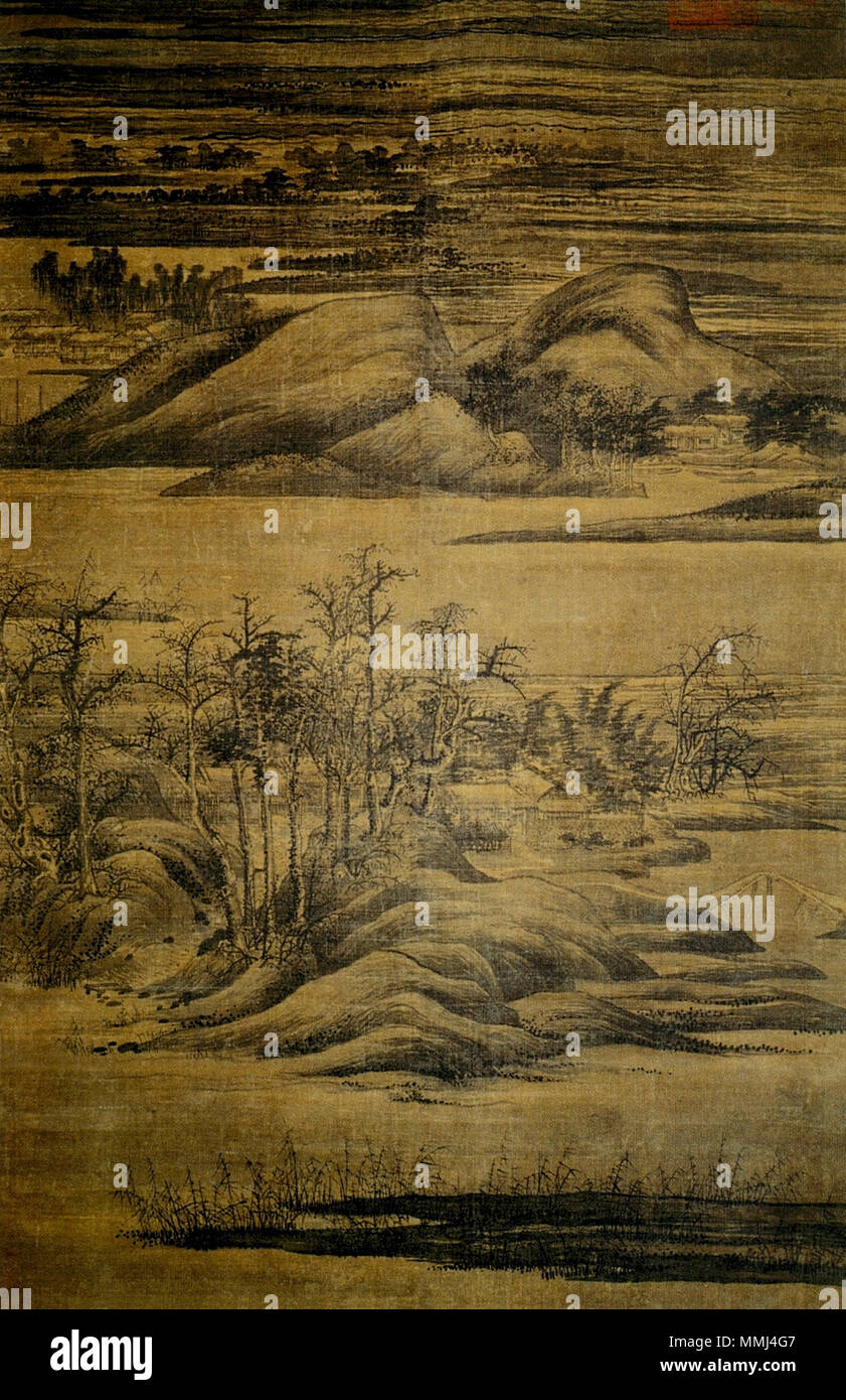 . Englisch: Dong Yuan. Winterliche Olivenhainen und 2-in-1-Banken können. 950 (181,5 x 116,5 cm) Kurokava Inst Hyogo Français: Fr: Dong Yuan Bocages hivernaux et Terrasses étagés, Vers 950, rouleau Vertikal, encre et Couleurs sur Soie, 181,5 x 116,5 cm. Institut Kurokawa der Kulturen anciennes, Hyogo, Japon. Biblio. : Yang Xin, Richard M. Barnhart, Nie Chonghzeng, James Cahill, Lang Shaojun, Wu Hung, Trois mille ans de peinture Chinoise, Philippe Piquier, Arles, 2003, 402 Seiten, ISBN 2-87730 -667-4. Seite 97. . Ca. 950. Dong Yuan (934-962) Alternative Namen Name und Vorname: D?ng Yuán (??) Mit freundlicher Genehmigung name: Stockfoto