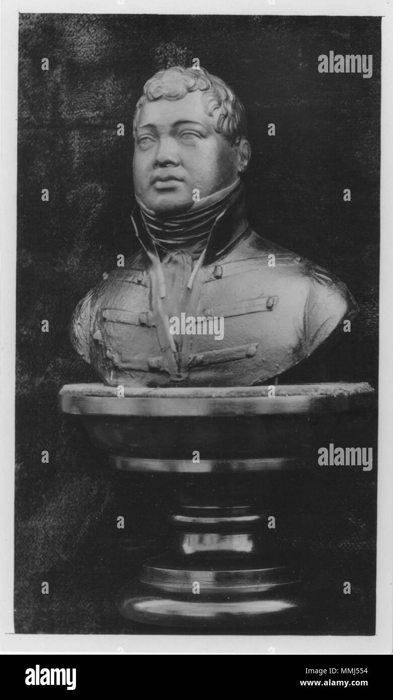 . Englisch: Wachs Portraitbüste von liholiho (Kamehameha II), in London und New York an Bord der Blonde brachte mit dem Körper des verstorbenen König und Königin Kamamalu. Seine Präsentation für die Hinterbliebenen Gericht in Honolulu von Lord Byron im Mai 1825, wurde anlässlich der viel Kummer und Weinen. Geschenk an Bischof Musem (Nr. 8052) durch Frau E.K. Pratt, l897. . Ca. 1824. Unbekannt, Bishop Museum 1897 gestiftet von Frau Elizabeth Kekaaniau Pratt Büste von Kamehameha -97-6 II (PP-004) Stockfoto