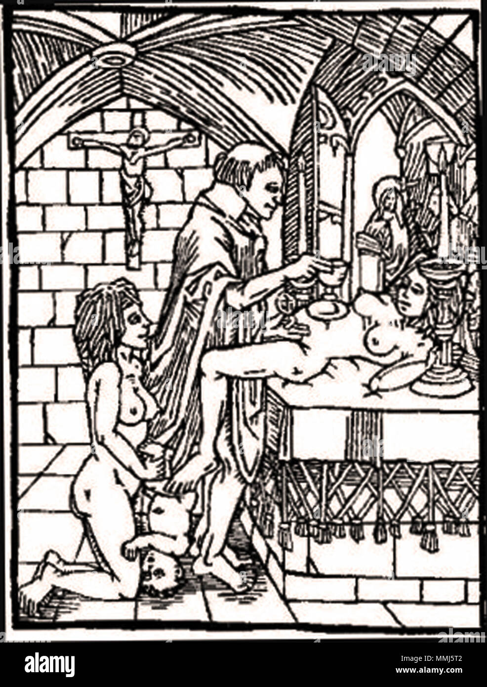 . Français: Messe noire, Gravure sur Bois du XVIe siècle. Vom 3. Dezember 2011. Unbekannte XVIe s86 Schwarze Messe, 01. Stockfoto