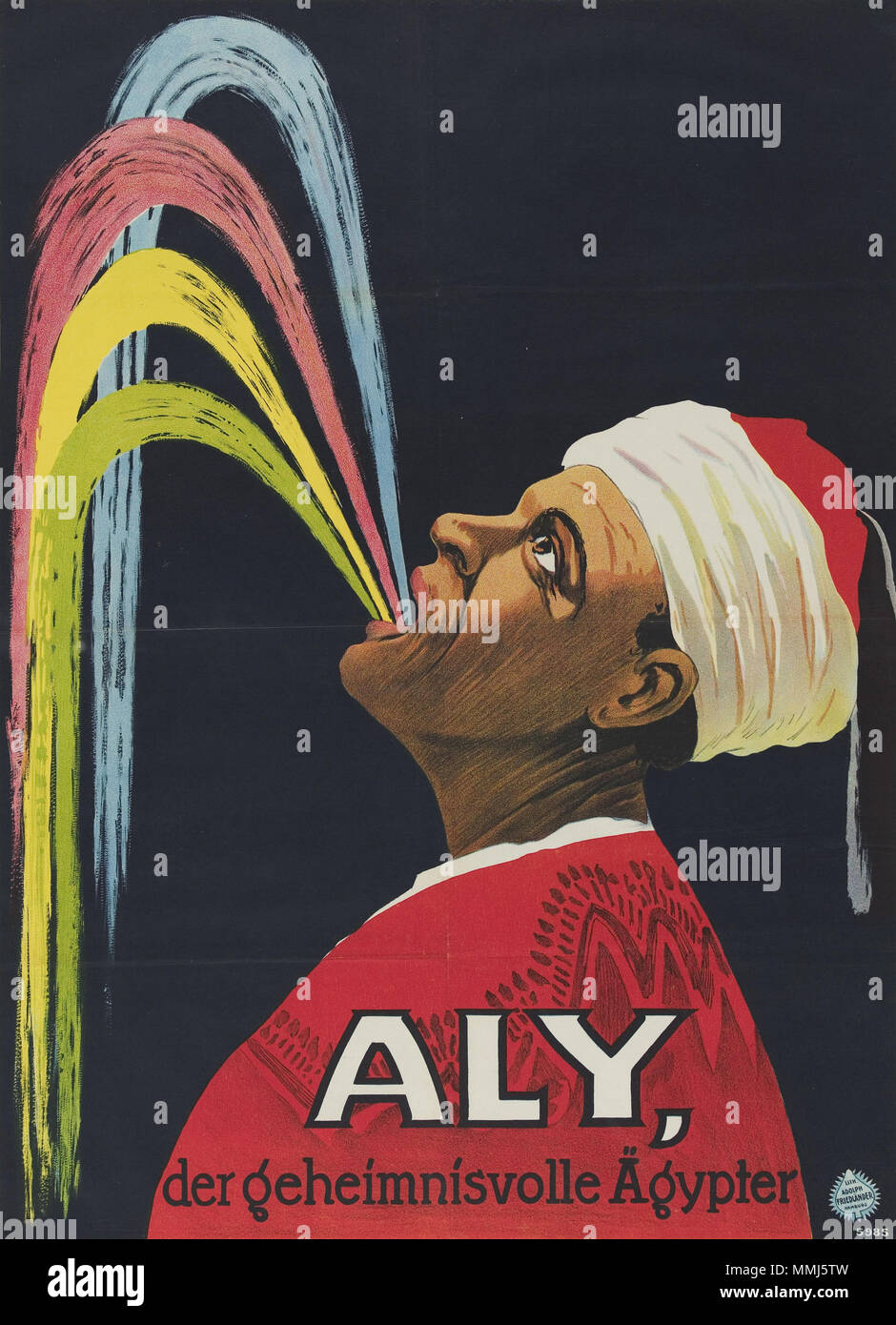 . Lithographie Poster von Adolph Friedl +?nder des Unternehmens Darstellung Eindruck von Hadji Ali's Performance von Wasser herausspritzen eines Künstlers: Der Titel bedeutet übersetzt "Aly, die geheimnisvollen ägyptischen'. . 1913. Anonyme Künstler bei der Adolph Friedl + Aly, die geheimnisvollen ägyptischen Stockfoto