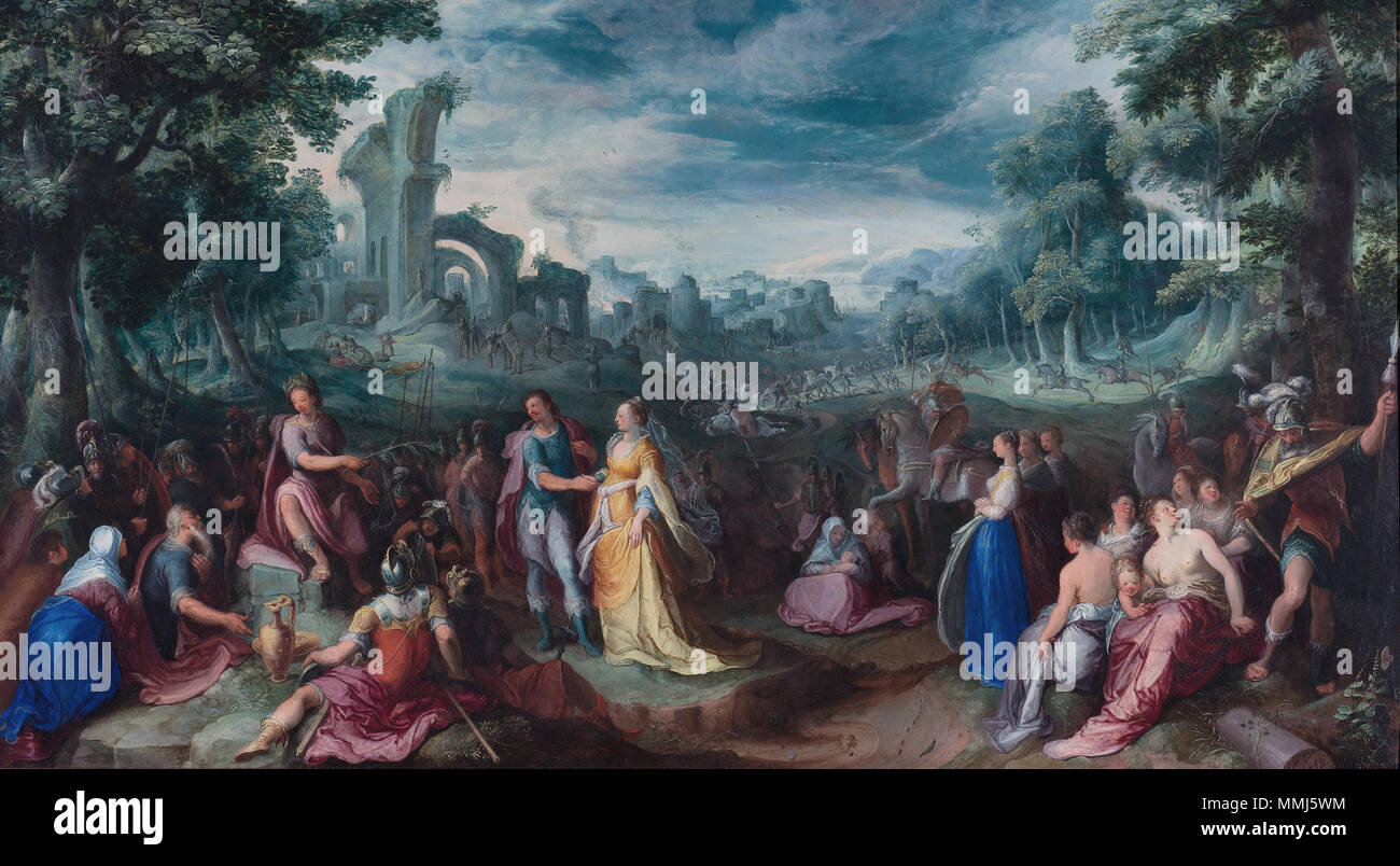 . Zwei beidseitig Kupfer Malerei, mit der Enthaltsamkeit von Scipio auf der einen Seite und eine Allegorie der Natur (siehe Datei: Mander, Carel van (Ältester) - Allegorie der Natur - 1600.jpg) auf der anderen Seite. Weil die Allegorie der Natur zeigt Spuren von Verschleiß und es wird angenommen, dass die Kupferplatte, die ursprünglich als Schranktür serviert, mit der Allegorie der Natur auf der Außenseite und der Enthaltsamkeit von Scipio auf der Innenseite des Gehäuses. De Grootmoedigheid van Scipio Image-Carel van Mander 002 Stockfoto