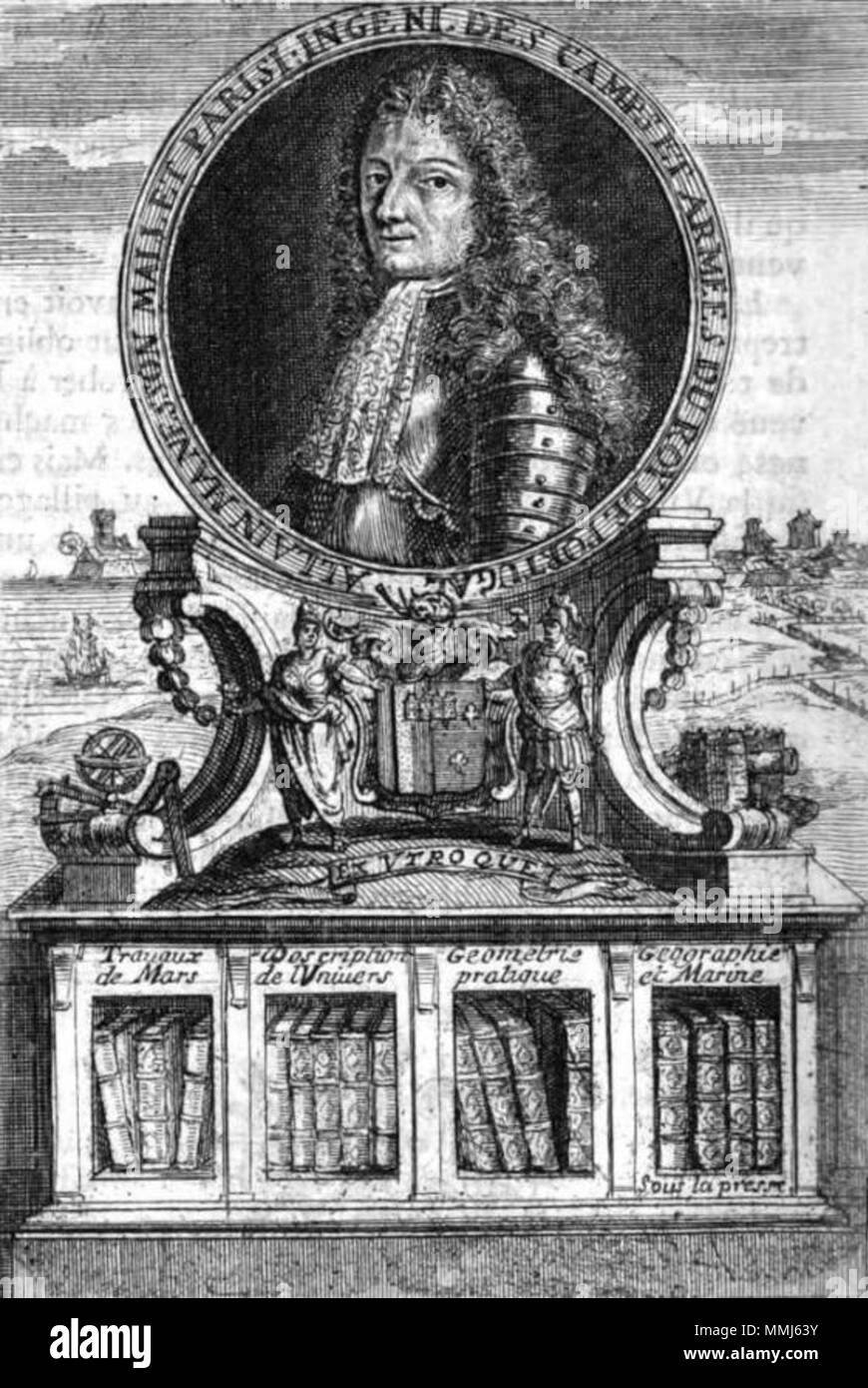 . Autoportrait de l'auteur et Formulierungsbeispiele de ses Publikationen. Selbstportrait. 1702. Manesson Mallet (1702) Stockfoto
