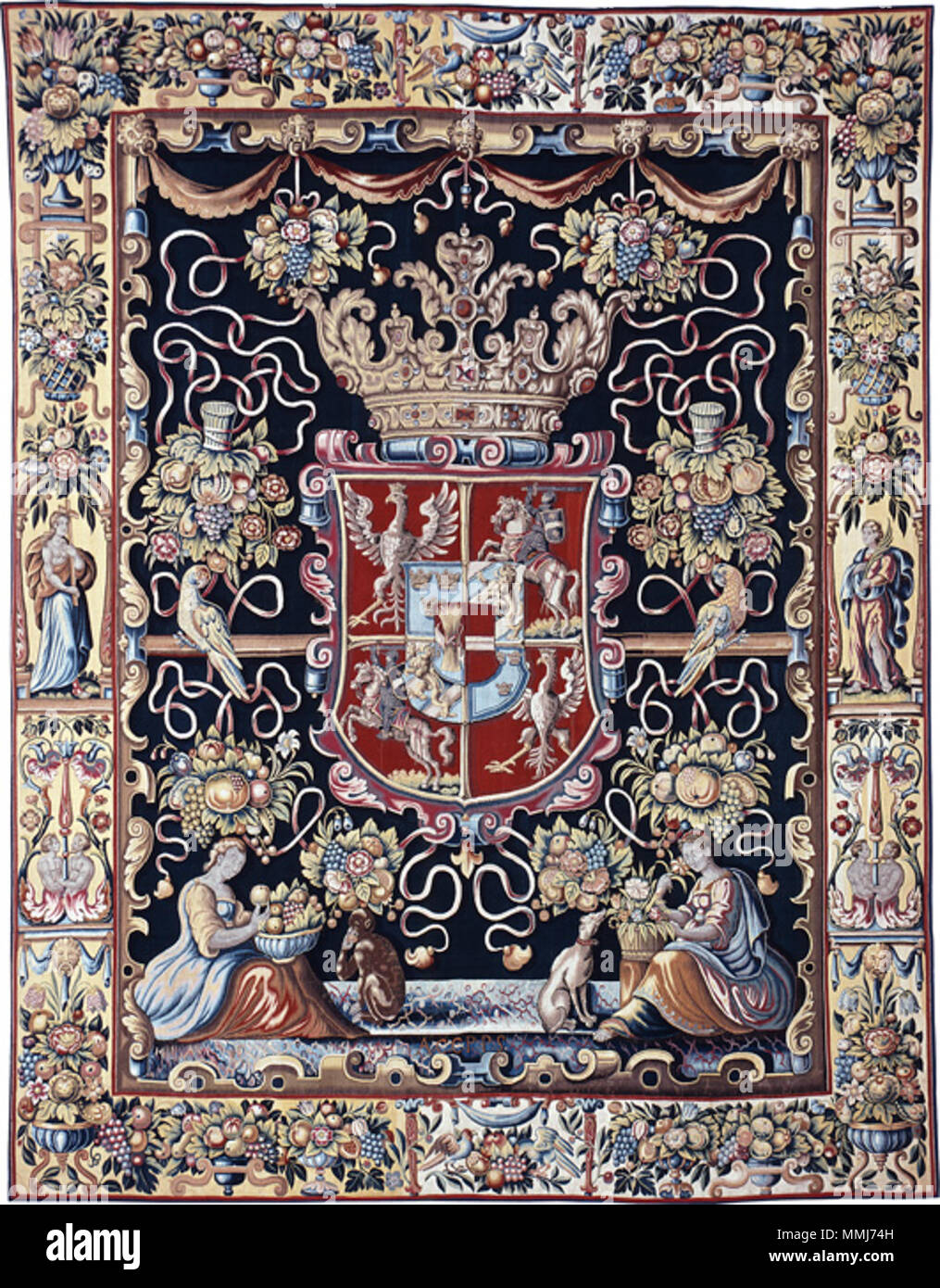 Wandteppich mit dem Wappen von Anna Katharina Bodensee Vasa.. vor 1642. Flandern Wandteppich mit dem Wappen von Anna Katharina Bodensee Vasa Stockfoto