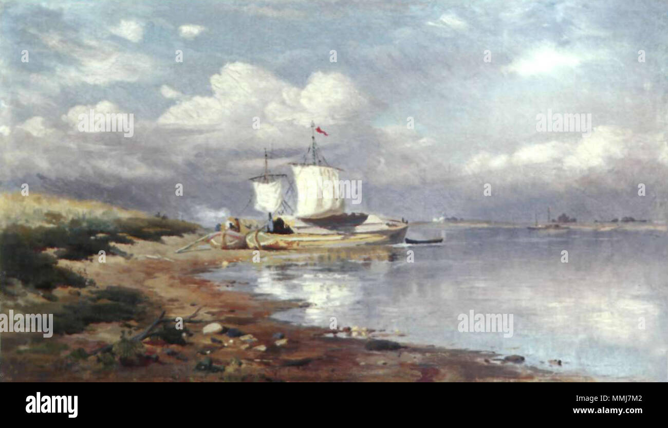 . Englisch: Landschaft mit Kähnen (Gemälde von Fjodor Vaslyev, 1869) Русский: Пейзаж с барками (картина Фёдора Васильева, 1869). 1869. Fjodor Vasilyev (1850 - 1873) Fjodor Vasilyev Landschaft mit lastkähnen Donezk Stockfoto