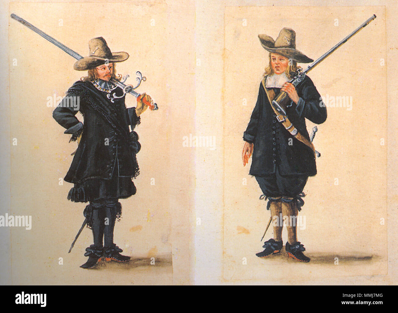 . Englisch: 17. Jahrhundert Soldaten von der Schützenkompanie von Bremen, Deutschland. Linke eine Freischütze mit ein zweihändiges Schwert, rechts ein angehender Schütze mit einer Muskete. Aquarelle aus dem Koster-Chronik. English: Bremer Schützen des 17. Jahrhunderts. Links ein Freischütze mit Schlachtschwert, rechts ein angehender Schütze mit Muskete. Aquarell aus der Koster-Chronik. . 17. Jahrhundert. Unbekannt 97 Bremer Soldaten - Koster-Chronik - 17. Jahrhundert Stockfoto