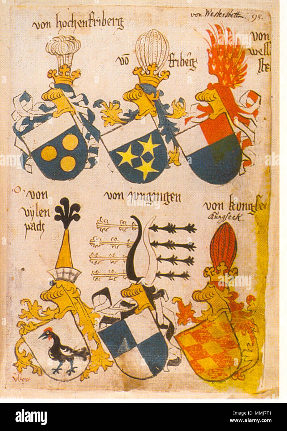 . Ingeram-Codex der ehemaligen Bibliothek Cotta von hochenfriberg vo (n)/fribe (r) g [von Westerstetten eingesetzt.]/von/Wess (TER)/ste (tten) von/vylen/pach [v (er) kert] von jungingen von kungse/[Kungseck]. 1459. Hans Ingeram und ein sogenanntes Exempla-master Ingeram Codex 098 Stockfoto