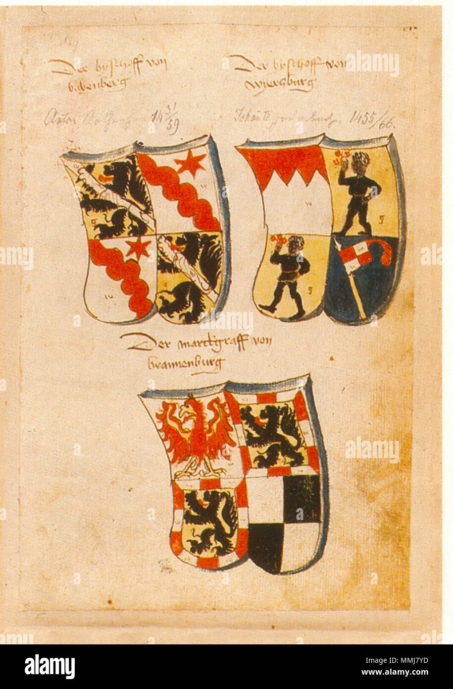 . Ingeram-Codex der ehemaligen Bibliothek Cotta Der bysthoff von/Babenberg (Bamberg)/[Anton Rothenhan 1431/59] Der bysthoff von/wyerzburg/[Johann III. Grumbach 1455/66] Der marckgraff von/brannenburg (Brandenburg). 1459. Hans Ingeram und ein sogenanntes Exempla-master Ingeram Codex 146 Stockfoto