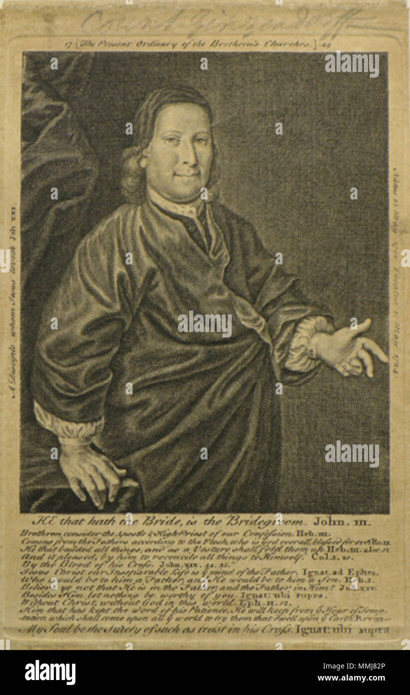 . English: Nikolaus Ludwig von Zinzendorf (1700 - 1760). Kupferstich 124 x 98 mm Gesamt 163 x 105 mm. . Ca. 1750. Unbekannte Graf Zinzendorf Stockfoto