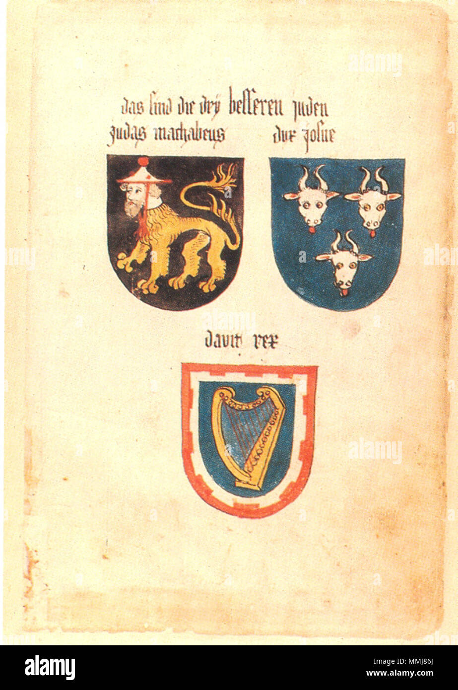 . English: ingeram-codex der ehemaligen Bibliothek Cotta das Sindh sterben Trocken besseren Juden Judas machabeus Dux josue Davit rex Englisch: zugeschrieben Arme von David, Josua, und Judas Maccabeus, drei der "Nine Worthies'. 1459. Hans Ingeram und ein sogenanntes Exempla-master Ingeram Codex 028 Stockfoto