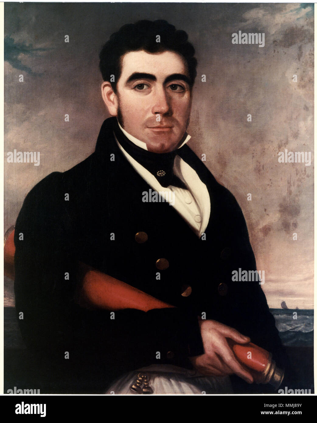 . Englisch: Foto #: 80-G-K -22707 (Farbe) Kapitän Thomas Macdonough, U.S.N. (1783-1825), "Der Held der See Champlain "Portrait in Öl, von einem unbekannten Künstler. Am 17. September 1954 fotografiert. Die ursprüngliche Malerei ist in der Old North Church, 187 Salem Street, Boston, Massachusetts. Offizielle U.S. Navy Foto, jetzt in den Sammlungen der National Archives. . 17. September 1954. Unbekannter Kapitän Thomas Macdonough, U.S.N. Stockfoto