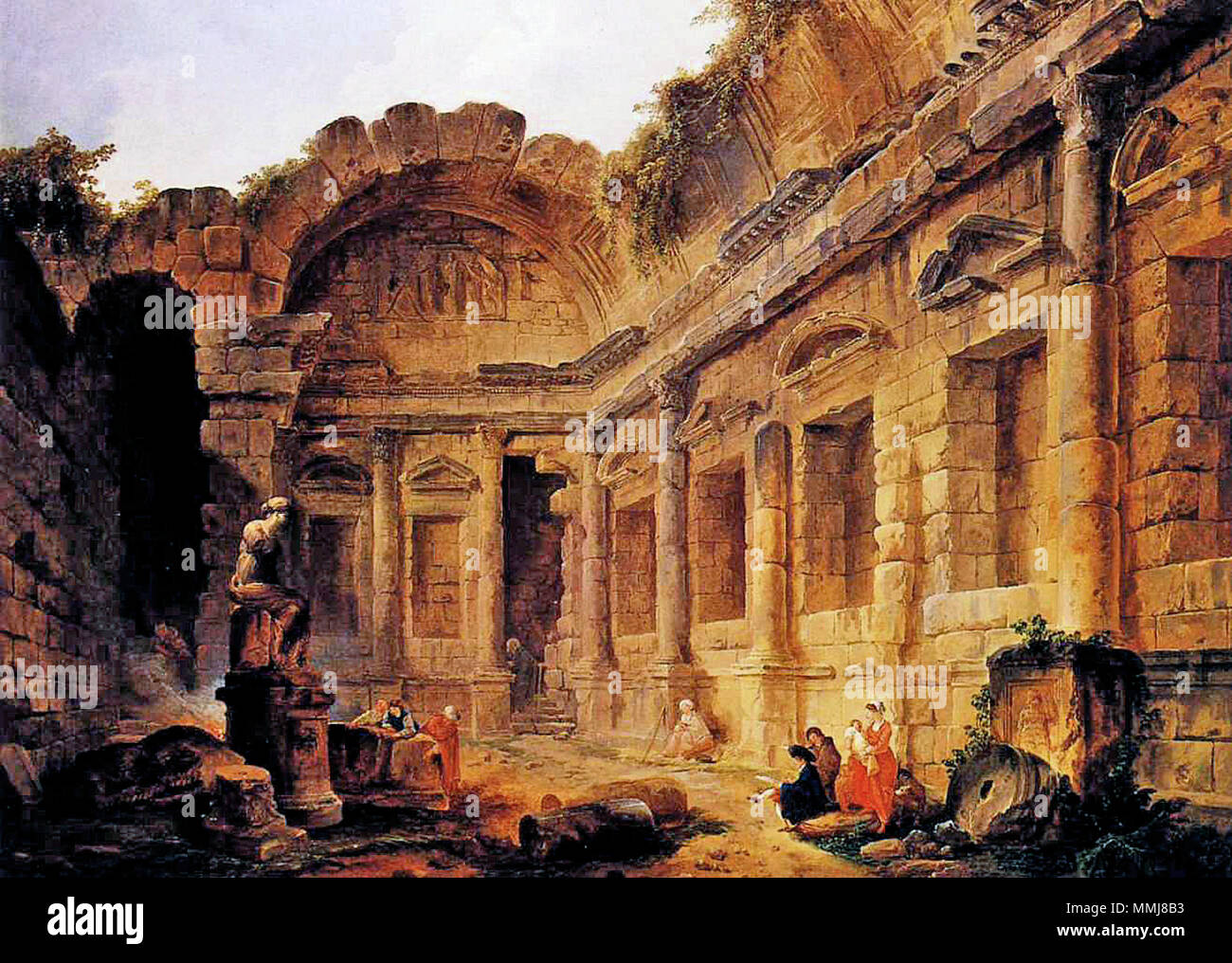 Innenraum der Tempel der Diana in Nîmes. 1771. Hubert Robert - Innenraum des Tempels der Diana in Nimes. Stockfoto