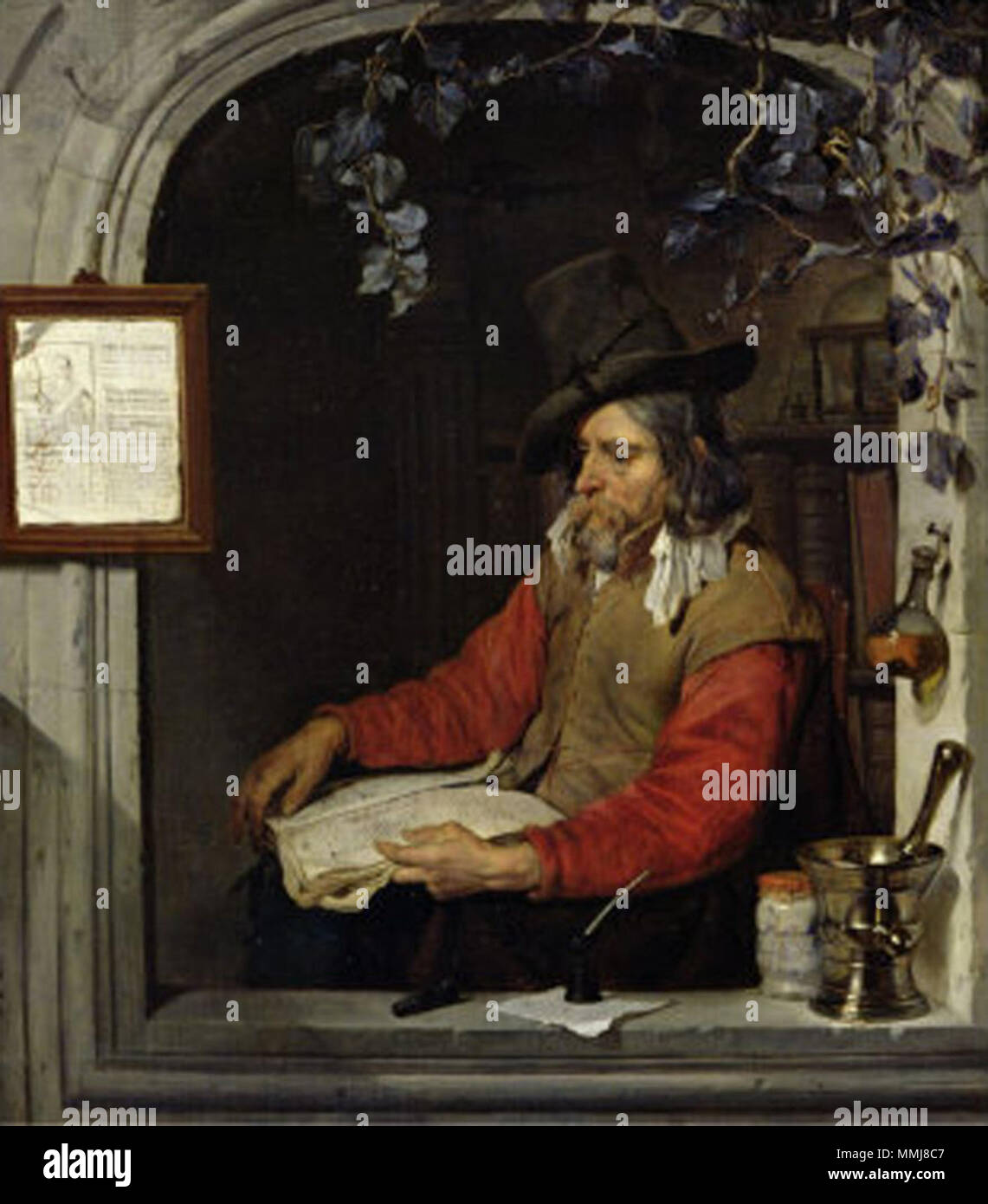 Englisch: Die Apotheke Français: der Chemiker Alternativer Titel (s): L'Apothicaire Le Chimiste. ca. 1651-1667. Gabriel Metsu-L'Apothicaire Stockfoto