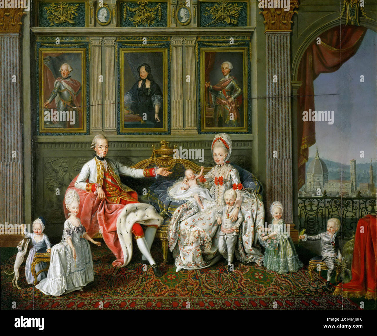 . English: Signatur: Sig. und dat.: WENZEL WERLINUS FACIEBAT 1773 Kunsthistorisches Museum Wien, Gemäldegalerie Provenienz: Primogeniturfideikomiss abgebildete Personen: Kaiser Leopold II. Sohn des Franz I. Stephan Habsburgischen Österreich, Kaiserin Maria Ludovica di Carlo di Bourbon Sizilien, Erzherzogin Maria Theresia Tochter d. Leopold II. von Habsburg Österreich, Kaiser Franz I. (II.) Sohn des Leopold II. von Habsburg Lothringen, Großherzog Ferdinand IV. Sohn des Leopold II. von Habsburg Lothringen, Erzherzogin Maria Anna Tochter d. Leopold II. von Habsburg Österreich, Erzherzog Karl Sohn Stockfoto