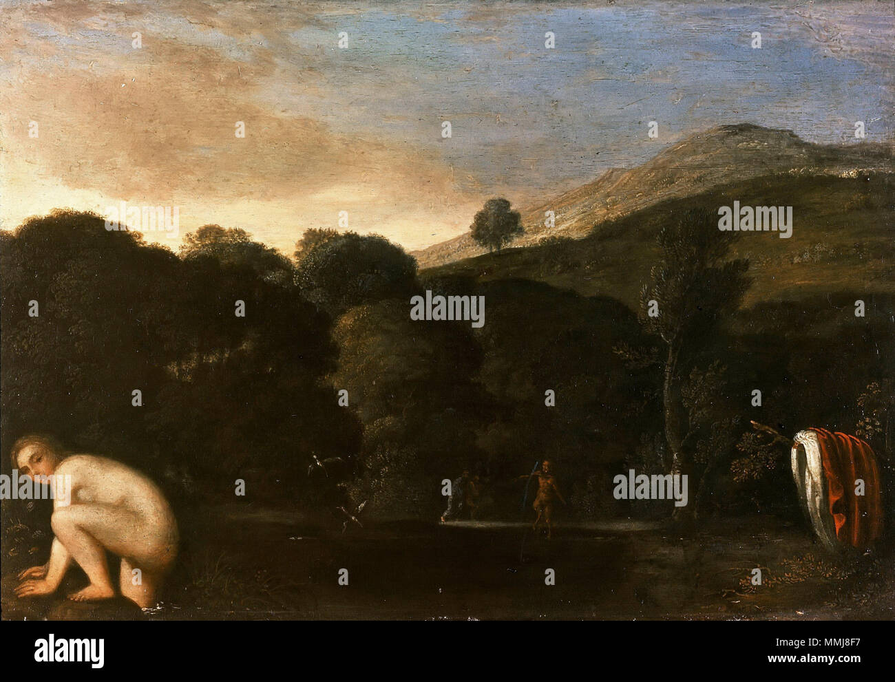 Landschaft mit dem Baden Nymphe. ca. 1605. Adam Elsheimer - Nymphe Satyrn fliehen - WGA 7502 Stockfoto