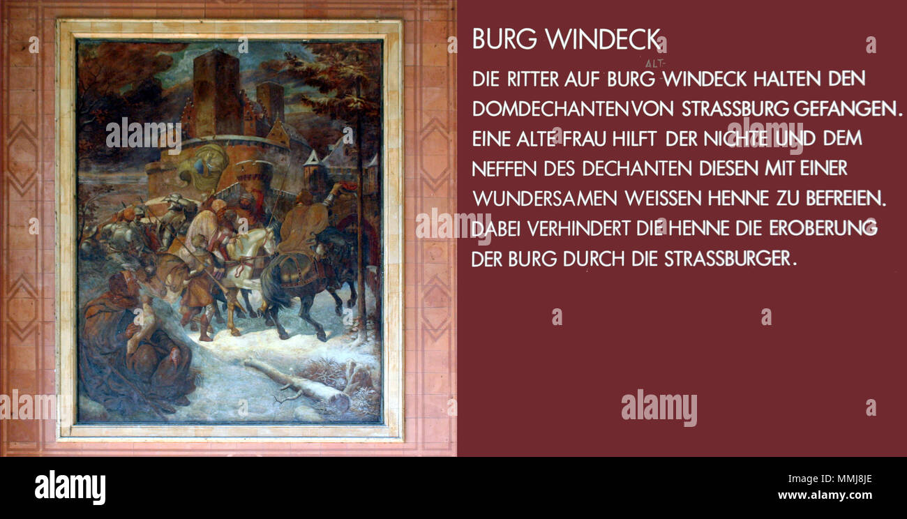 . Englisch: Fresko aus der Trinkhalle Baden-Baden. English: Burg Windeck. Fresko von Jakob Götzenberger in der Trinkhalle Baden-Baden, 1844. . 1844. Fresko von Jakob Götzenberger, Reproduktion von Gerd Eichmann, 2005. 67 Baden-Baden - Trinkhalle-Fresko 11 - Burg Windeck 1 - gje Stockfoto