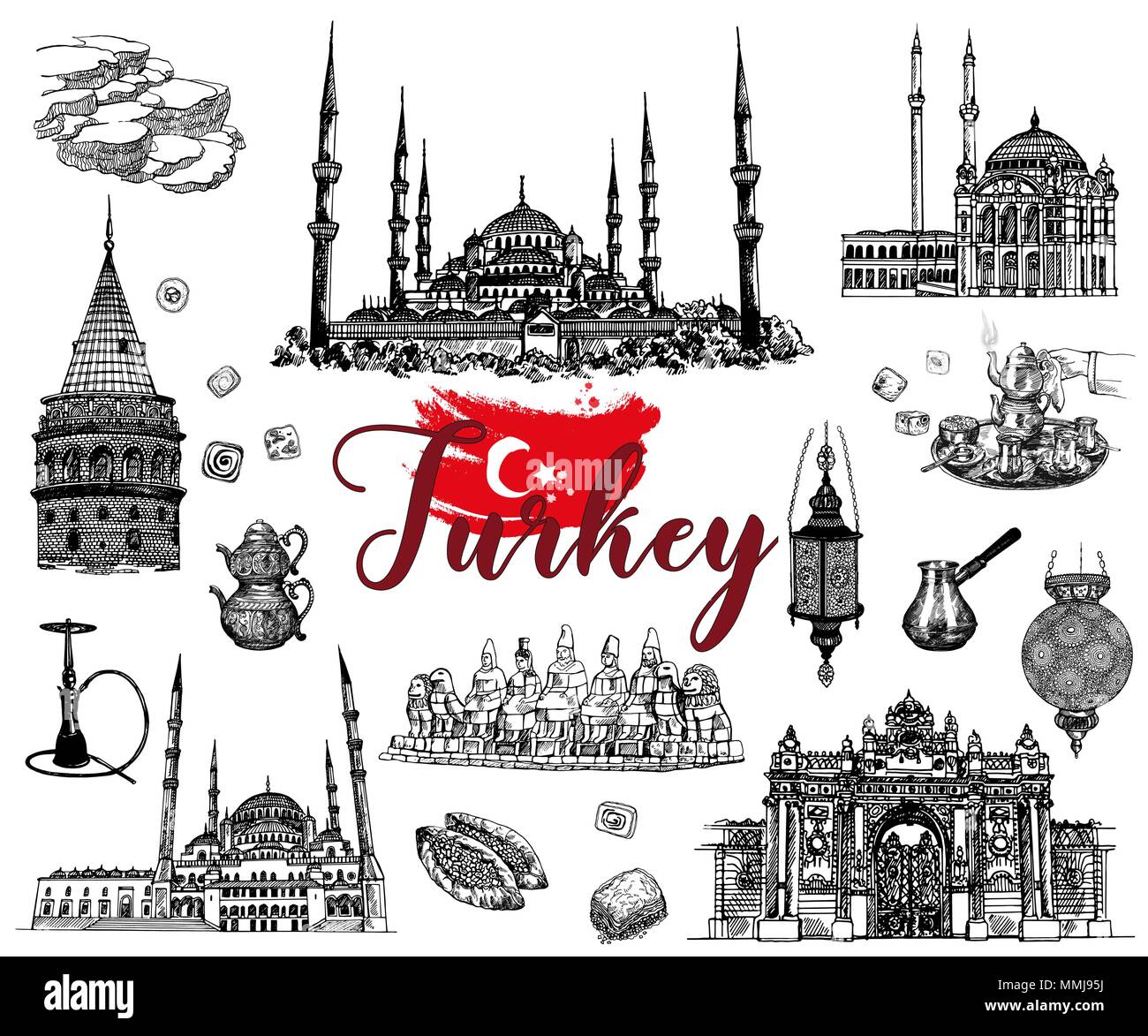 Handskizze Stil der Türkei von verwandten Objekten auf weißem Hintergrund. Vector Illustration. Stock Vektor