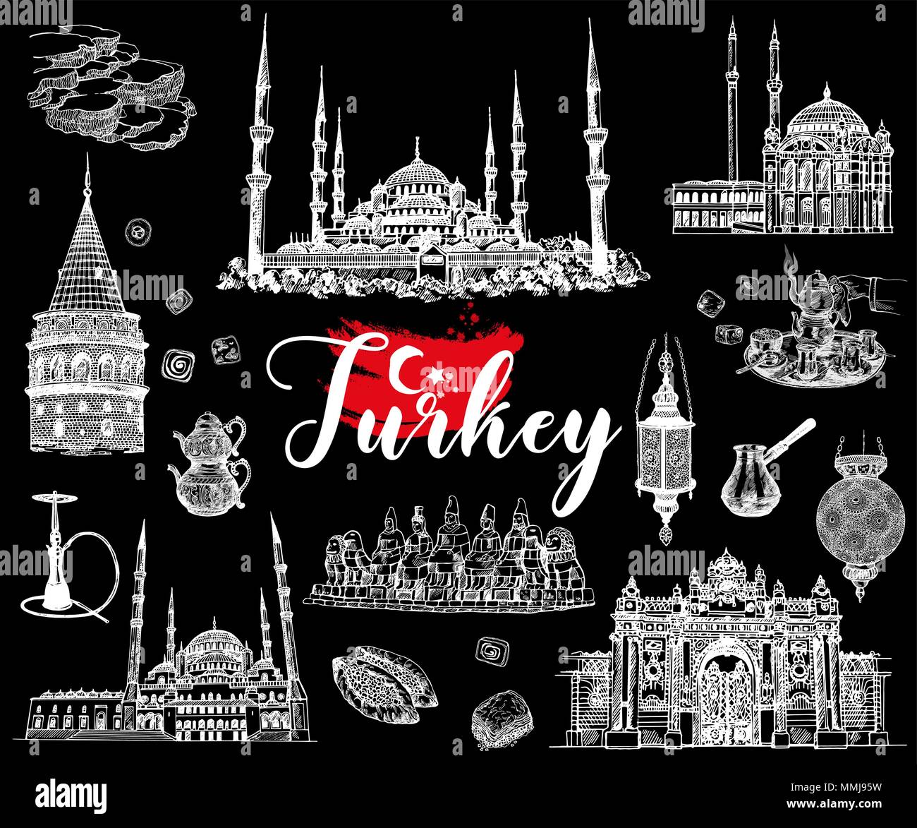 Handskizze Stil der Türkei von verwandten Objekten auf schwarzen Hintergrund isoliert. Vector Illustration. Stock Vektor