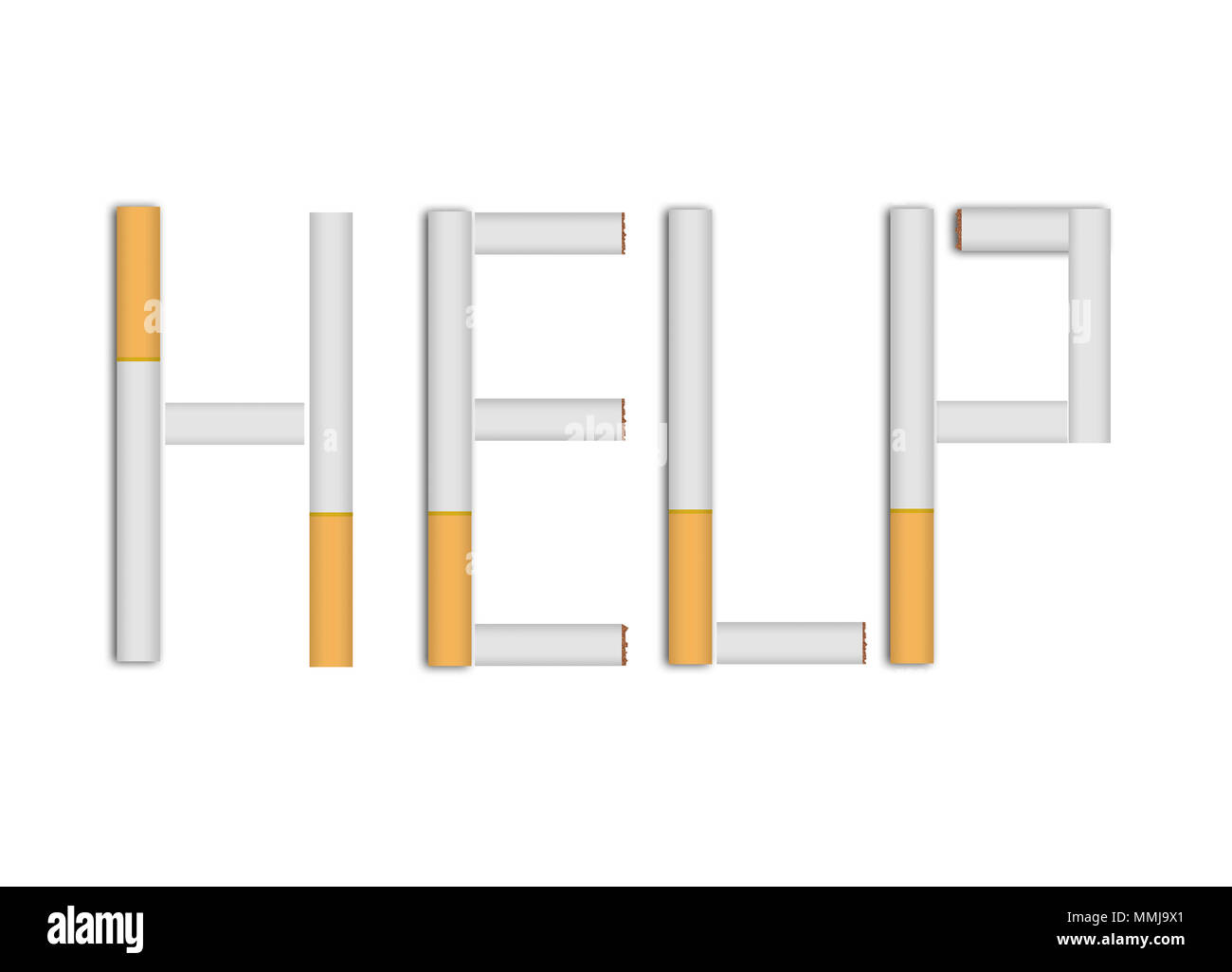 Die Aufschrift "Hilfe" von Zigaretten auf weißem Hintergrund Stockfoto