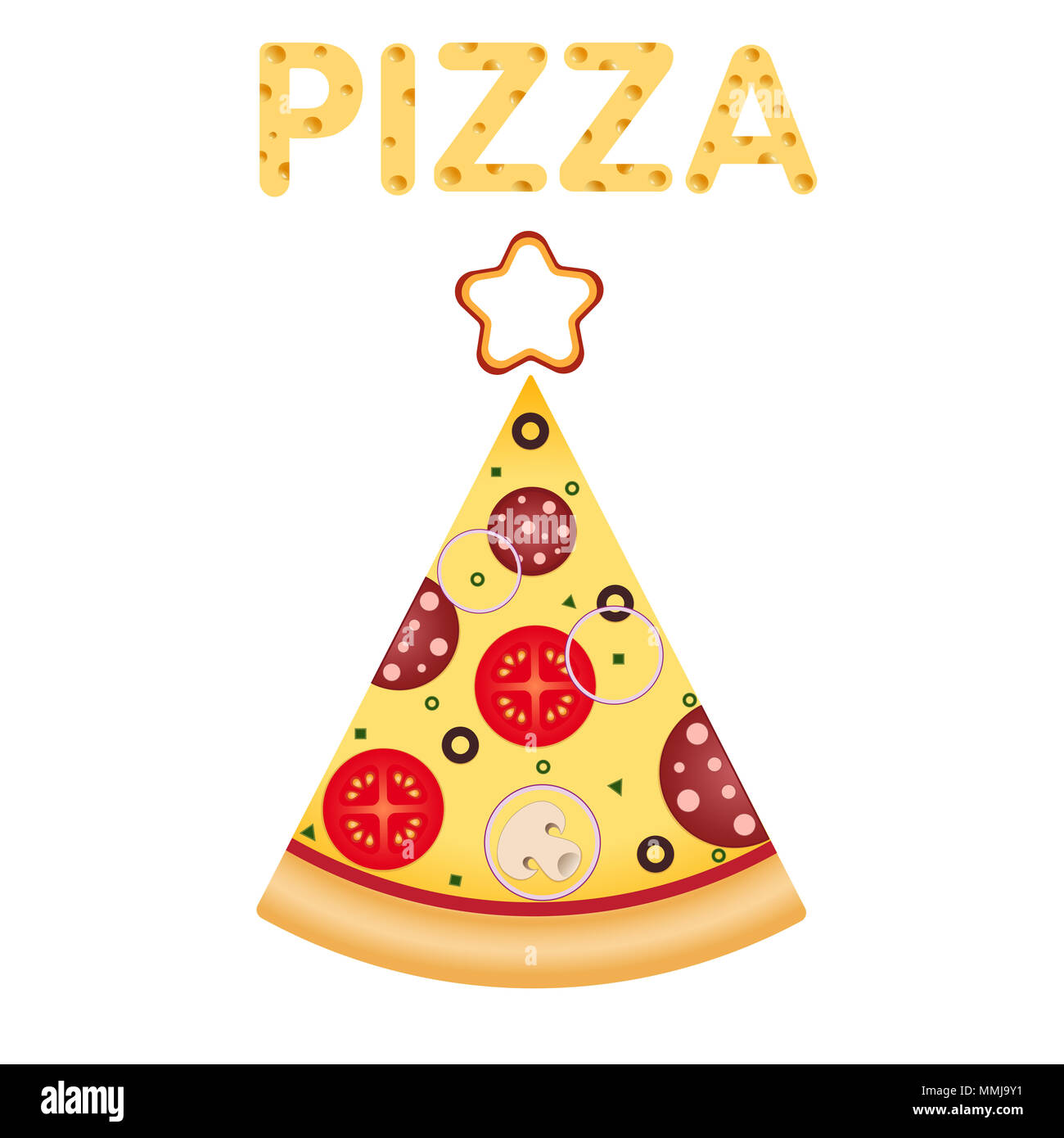 Pizza. Pizza in Baum mit Stern auf der Spitze. Weihnachten und neues Jahr Pizza essen. Lieferung. Das Wort Pizza mit einem kitschigen Textur. Abbildung für Stockfoto