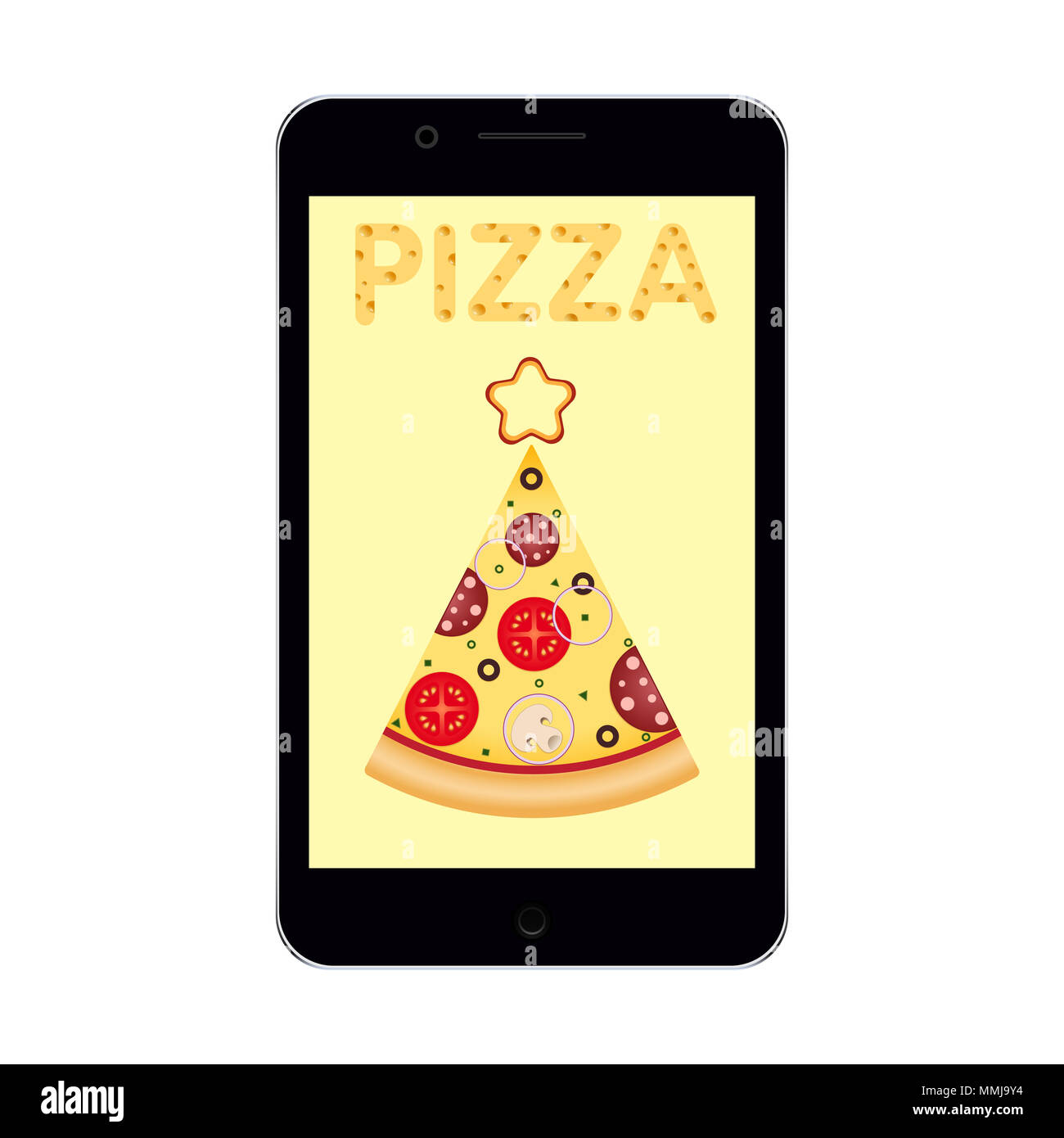 Weihnachten und neues Jahr mobile Pizza essen Lieferung suchen. Pizza in Baum mit Stern auf der Spitze. Das Wort Pizza mit einem kitschigen Textur. Illustrati Stockfoto