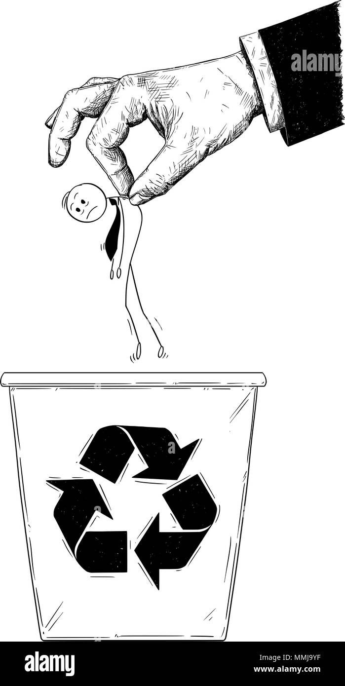 Cartoon von Geschäftsmann oder Büroangestellter geworfen in Papierkorb Papierkorb durch riesige Hand Stock Vektor