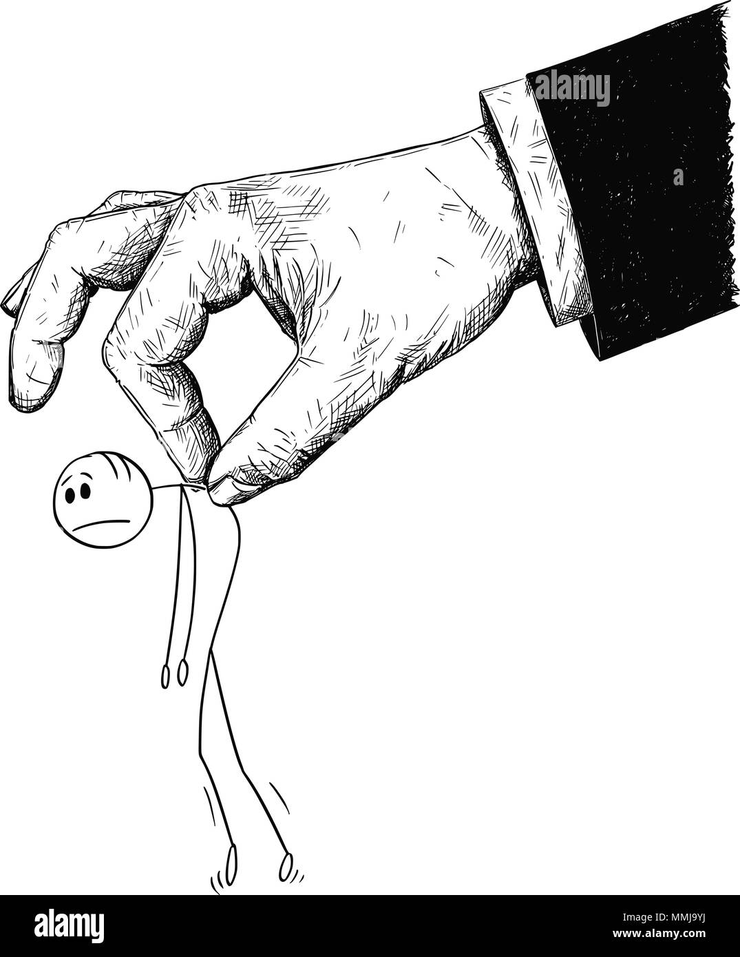 Cartoon von Mann oder Geschäftsmann verschoben oder manipuliert durch die riesigen Hand Stock Vektor